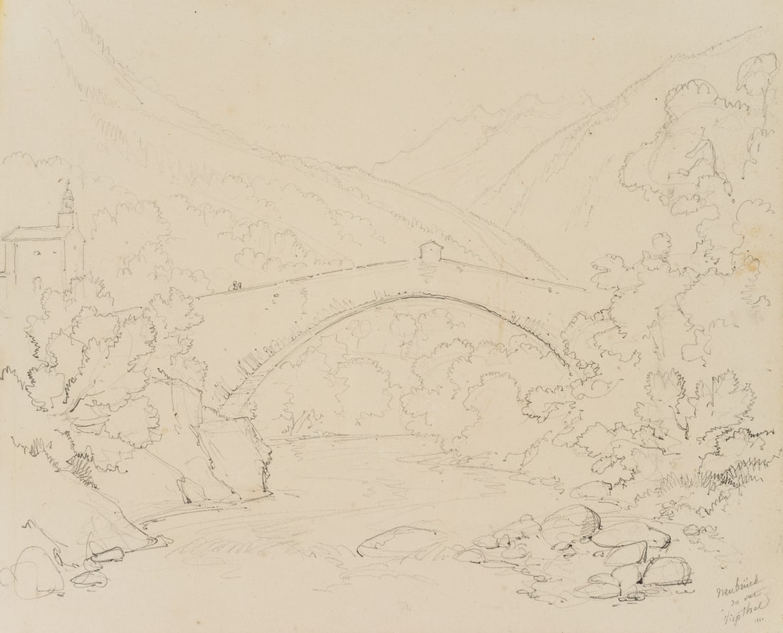 E. BRETENIÈRES (*1804), Ritibrigga near Neubrück, Switzerland, 1838, Pencil: Edmond de Bretenières (1804 Dijon - 1882 ibid.): View of the medieval stone bridge Niwu Briggu or Ritibrigga over the Vispa near Neubrück in the Vispertal in the canton of Valais, Journey to