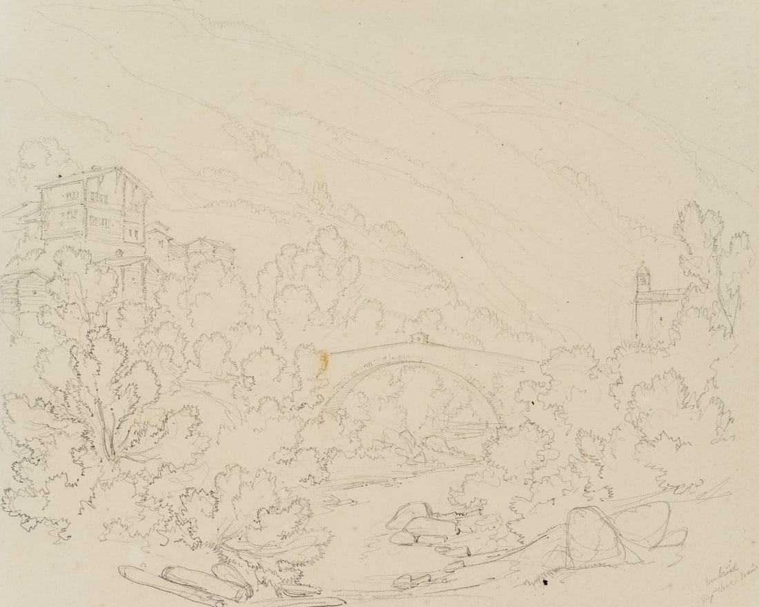 E. BRETENIÈRES (*1804), Ritibrigga via Vispa, Switzerland, 1838, Pencil: Edmond de Bretenières (1804 Dijon - 1882 ibid.): View of the medieval stone bridge Niwu Briggu or Ritibrigga over the Vispa near Neubrück in the Vispertal in the canton of Valais, Journey to