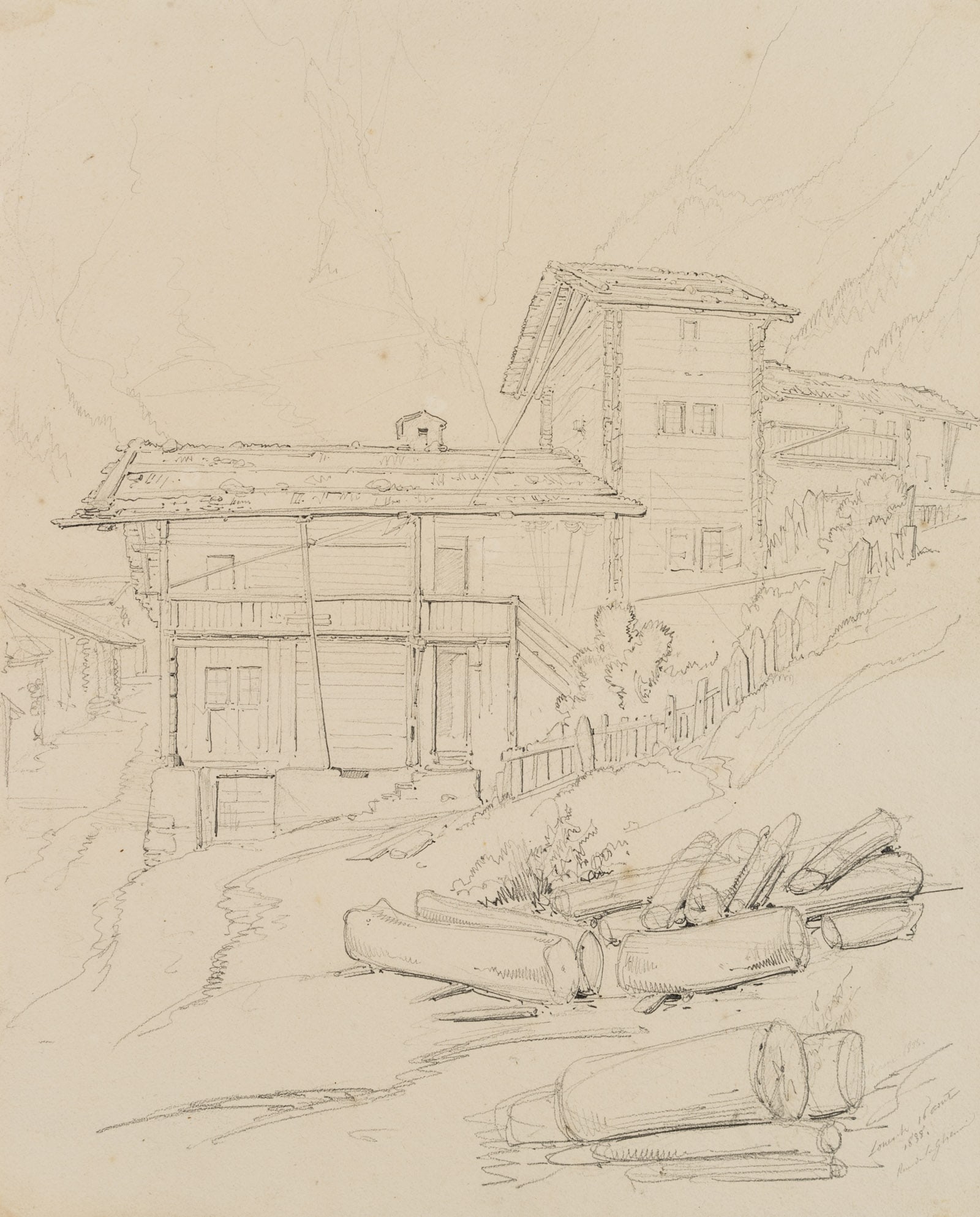 E. BRETENIÈRES (*1804), Entrance to Leuk at the Gemmi Pass, 1838, Pencil: Edmond de Bretenières (1804 Dijon - 1882 ibid.): Houses with sawn tree trunks at the entrance to Leuk on the Gemmi Pass in the canton of Valais, Loéche, Leigg, Journey to Switzerland, Sketch