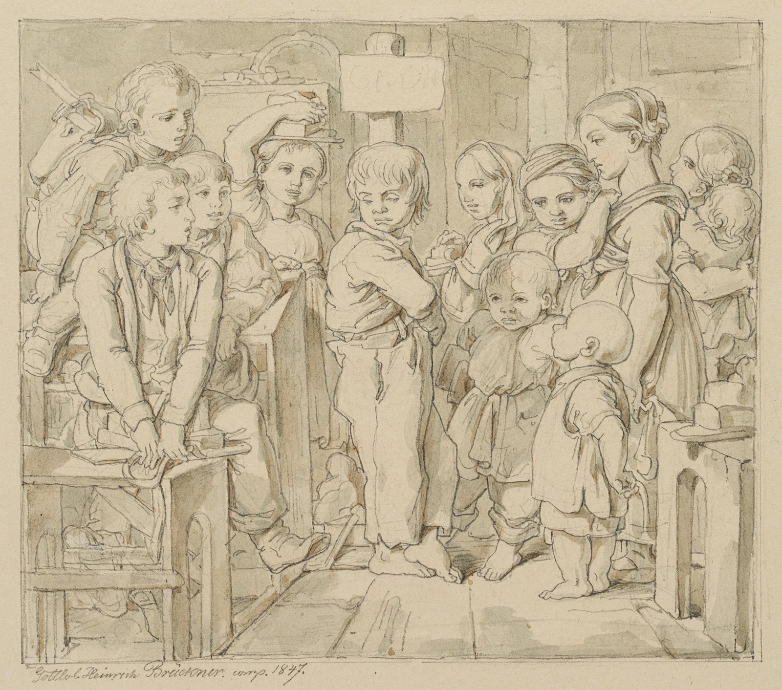 G. BRÜCKNER (1823-1848), The Class Struggle, 1847, Pencil: Gottlob Heinrich Brückner (1823 Lengefeld - 1848 ): The class struggle Dispute between children in a school class, 1847, Pencil Technique: Pencil and Indian ink on Paper Inscription: lower left s