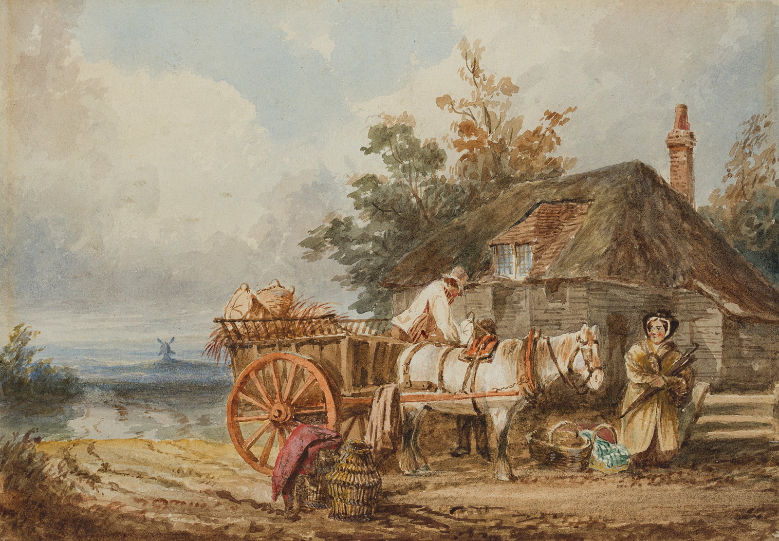 W. BURGES (19th), A cart at a farmhouse, Watercolor: William Burges (19th century): A cart at a farmhouse, 19th century, Watercolor Technique: Watercolor on Paper, mounted on Paper Inscription: Verso inscribed by another person: "W. Burgess 1838-56". Da