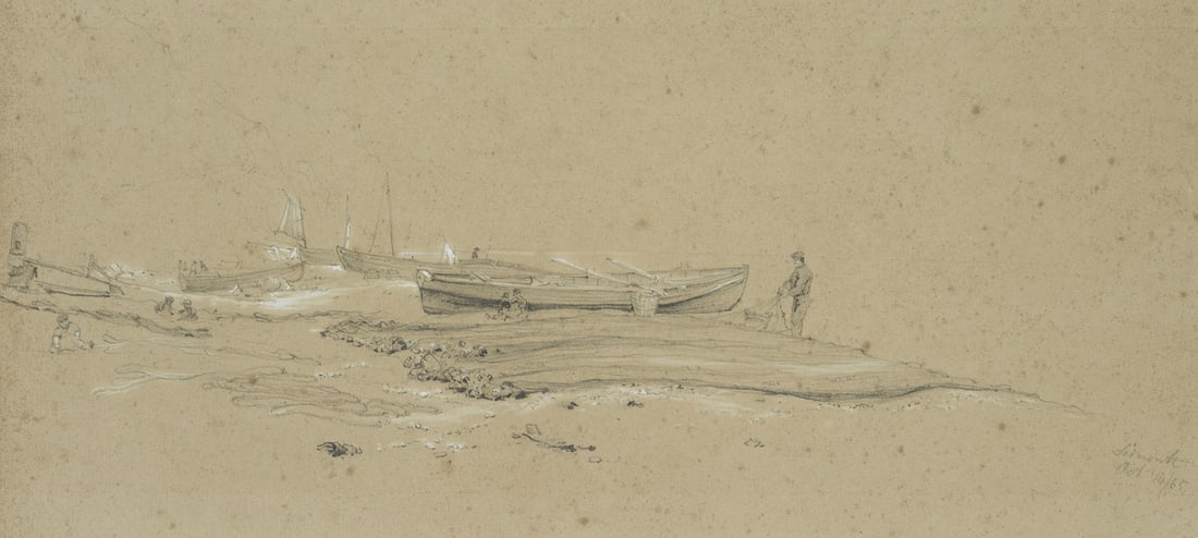 W. CALLOW (1812-1908) attributed, Coast with fishermen, Pencil: William Callow (1812 London - 1908 Buckinghamshire) attributed: Coast with stranded boats and fishermen, 19th century, Pencil Technique: White heightened Pencil on Paper Inscription: Labelled "Seemout