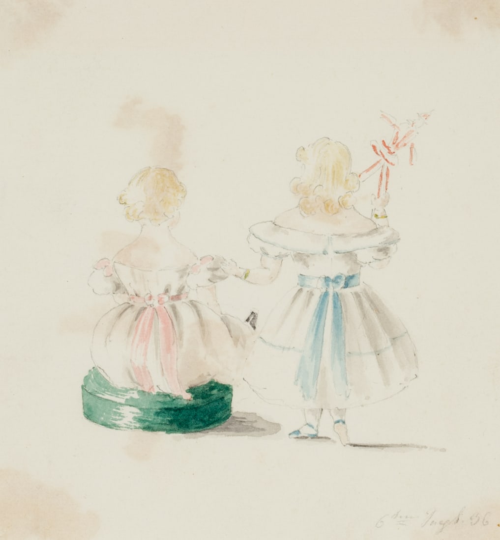 H. CHAVANNES (*1798), Queen Louise and Maria-Adelheid, 1836, Watercolor: Herminie Chavannes (1798 Vevey - 1853 ): Enchanting portrayal of Queen Louise and Maria-Adelheid, 1836, Watercolor Technique: Watercolor and Pencil on Paper, mounted on Cardboard Inscription: Dated "3