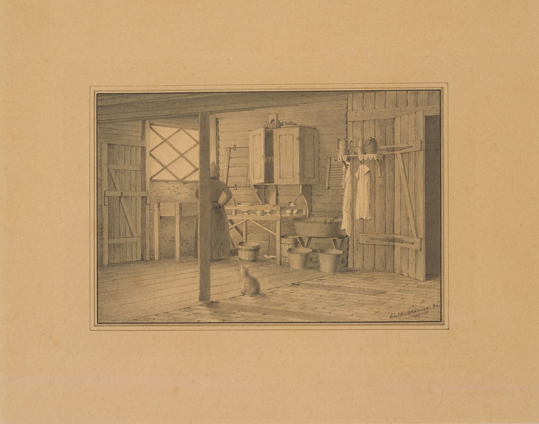 C. CLAUSEN (1862-1911), A domestic scene, 1890, Pen drawing: Christian Valdemar Clausen (1862 Copenhagen - 1911 Frederiksberg): Domestic scene Lady in a simple laundry room, 1890, Pen drawing Technique: Washed Pen drawing on Paper Inscription: Lower right signe