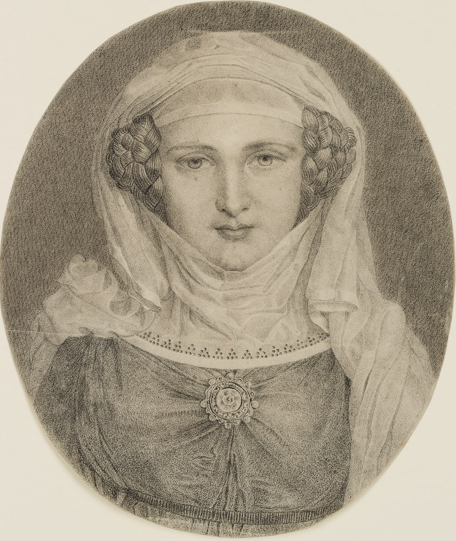 P. CORNELIUS (*1783) Circle, Lady in medieval costume, Pencil: Peter von Cornelius (1783 Düsseldorf - 1867 Berlin) Circle: Noble lady in medieval costume, 19th century, Pencil Technique: Pencil on Paper Inscription: Verso inscribed: "Schüler v. Corneliu