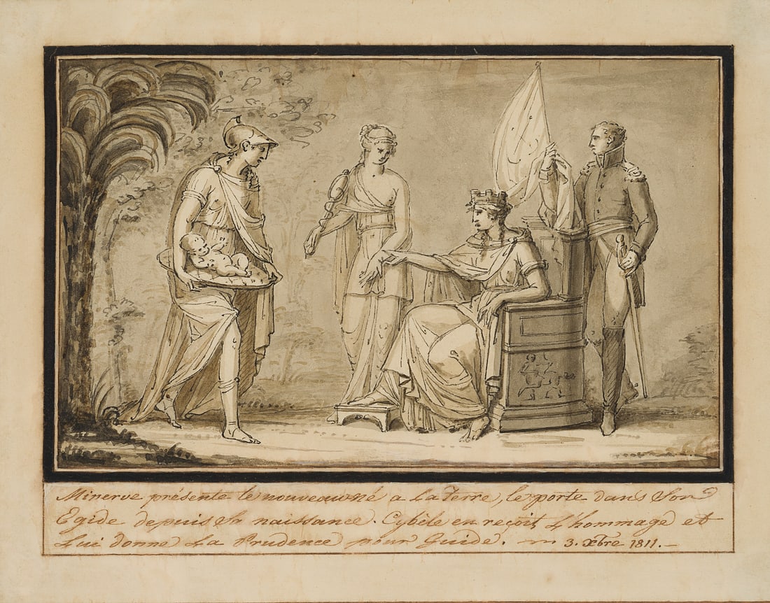 H. FÜGER (1751-1818), Minerva and Magna Mater, 1811, Pen drawing: Heinrich Friedrich Füger (1751 Heilbronn - 1818 Vienna): Minerva presents a newborn of the "Magna Mater" Kybele, 1811, Pen drawing Technique: Washed Pen drawing on Paper, mounted on Paper Inscrip