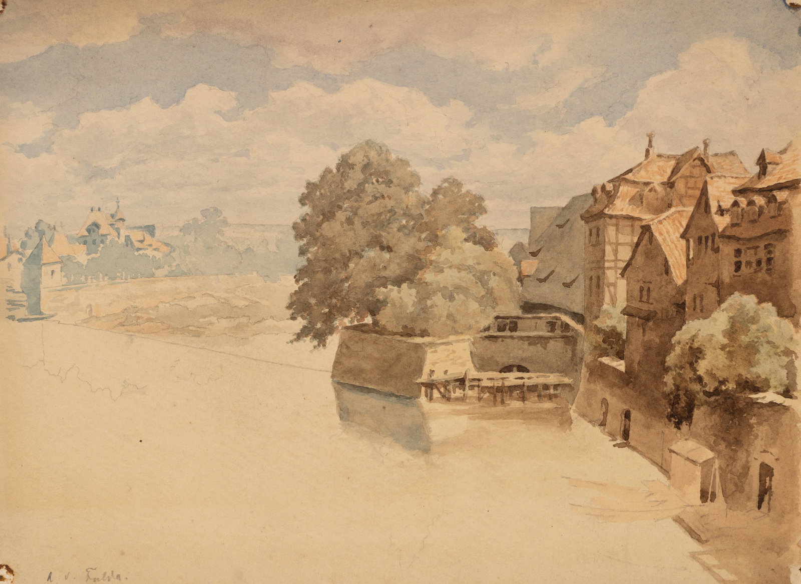 O. GARVE (19th), Defence ring around Fulda, Watercolor: Otto Garve (19th century): Fortification ring with old houses around Fulda(?), 19th century, Watercolor Technique: Watercolor over Pencil on Paper Inscription: lower left inscribed by the artist's han