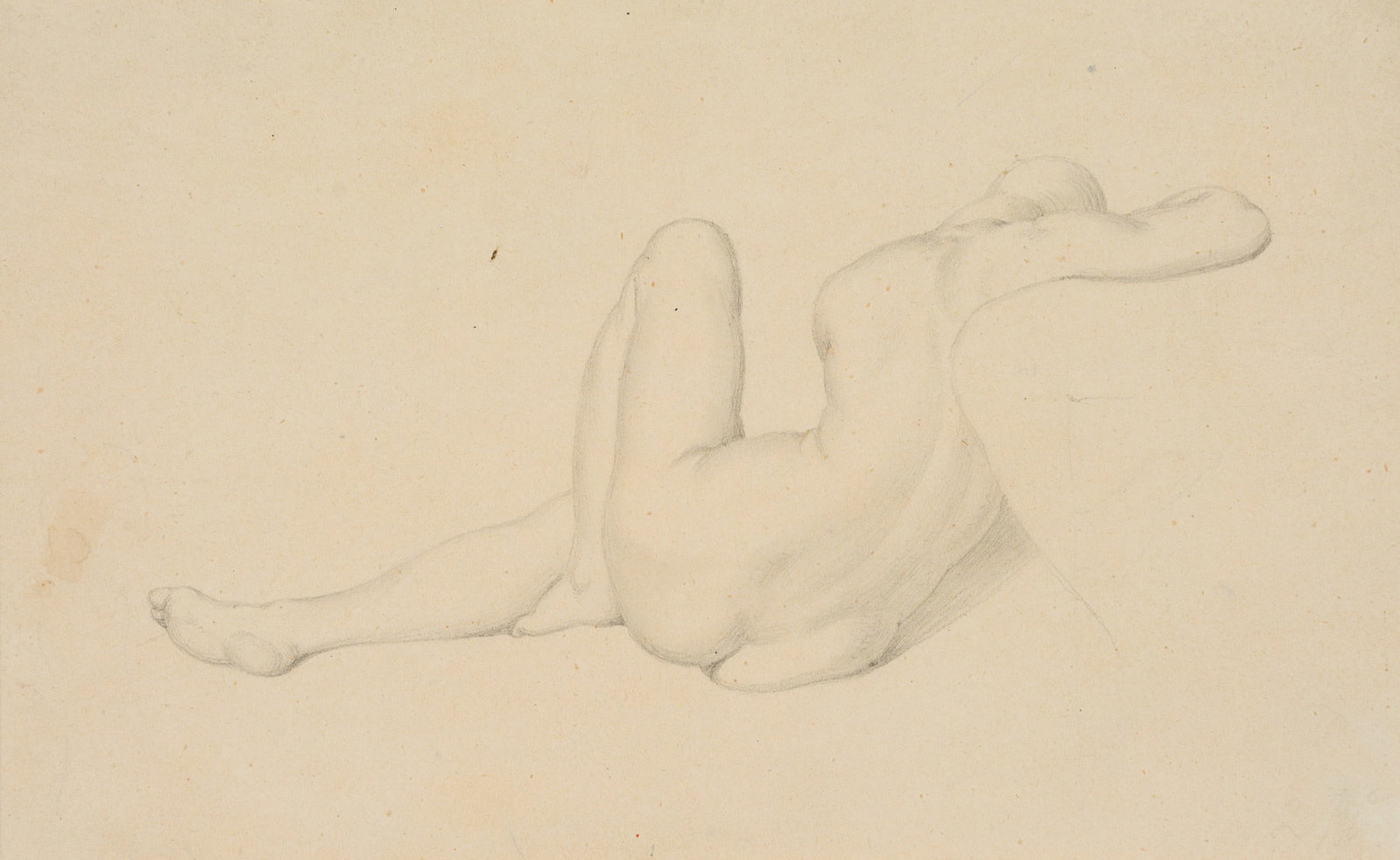 B. GENELLI (1798-1868), Nude study of a figure seen from behind, Pencil: Bonaventura Genelli (1798 Berlin - 1868 Weimar): Nude study of a figure seen from behind, 19th century, Pencil Technique: Pencil on Transparent paper, mounted on Paper Date: 19th century Description: 