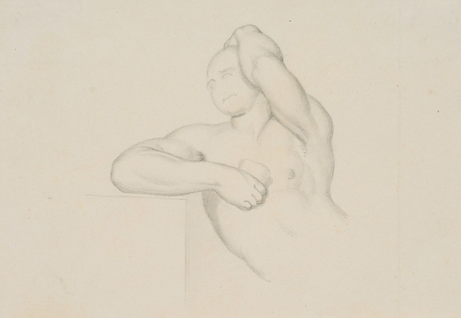 B. GENELLI (1798-1868), Nude study, seated male figure, Pencil: Bonaventura Genelli (1798 Berlin - 1868 Weimar): Nude study of a seated male figure with a cup, 19th century, Pencil Technique: Pencil on Transparent paper, mounted on Paper Date: 19th century Descrip