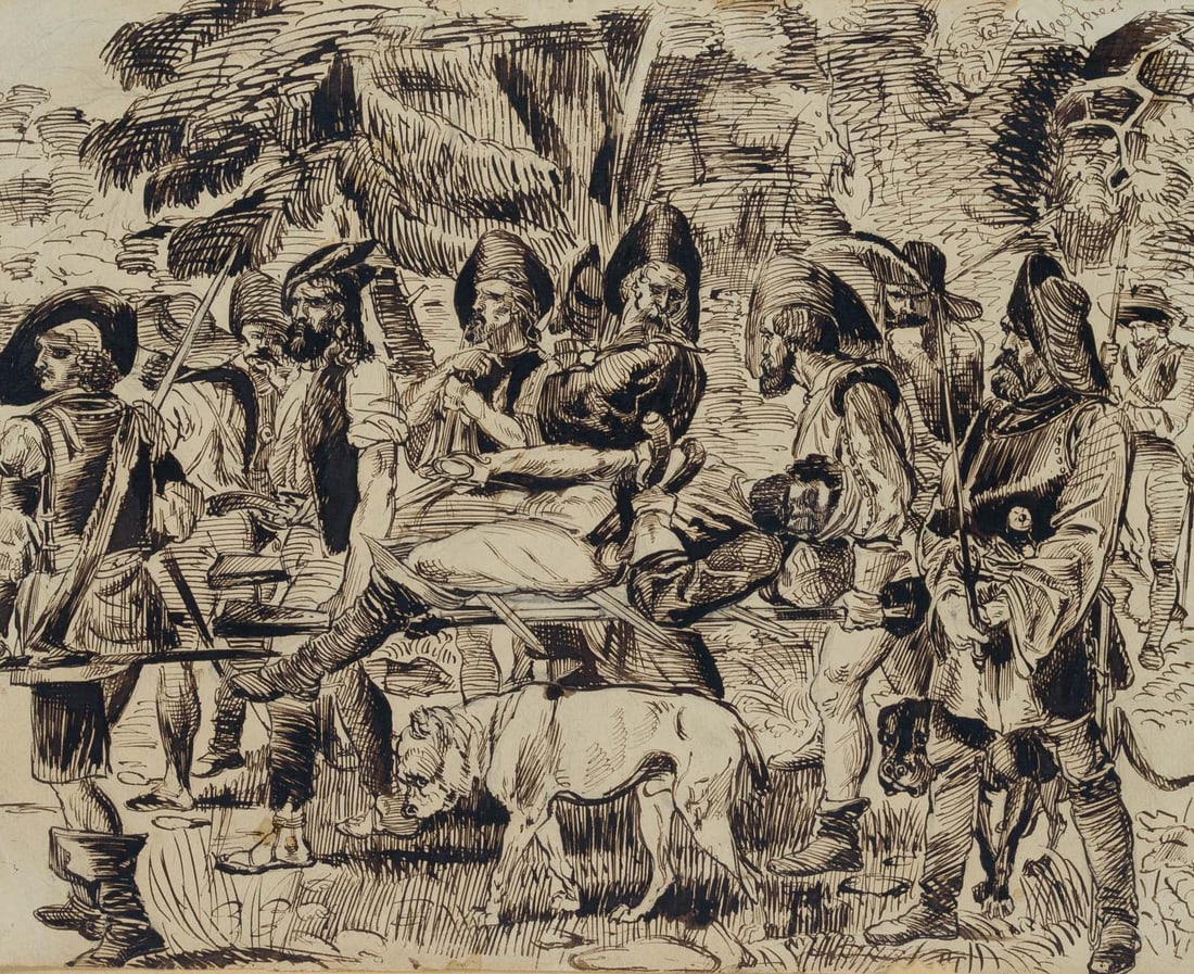 G. GENSCHOW (1828-1902), Soldiers with a wounded man, Pen drawing (1 of 4)