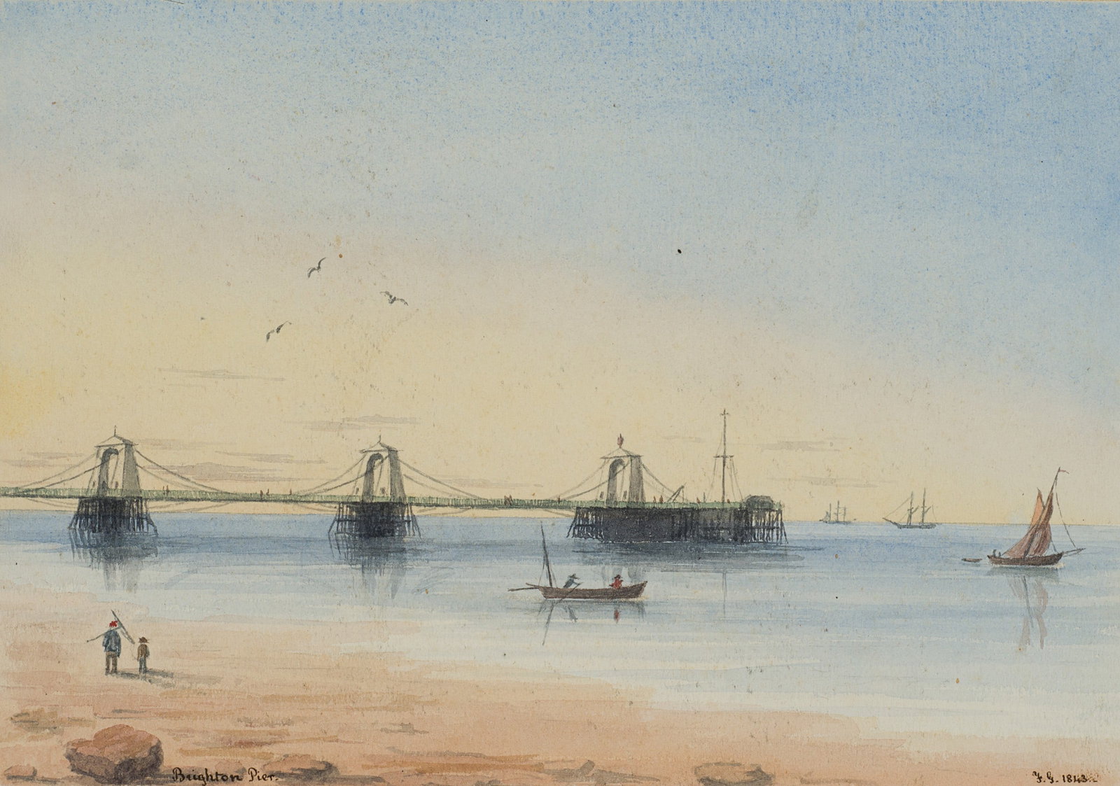 F. GLUT (19th), Brighton Chain Pier, 1843, Watercolor: Ferdinand Glut (19th century): View of the former Royal Suspension Chain Pier, 1843, Watercolor Technique: Watercolor on Paper Inscription: Lower right monogrammed: "F. G. ". lower left inscribed by t