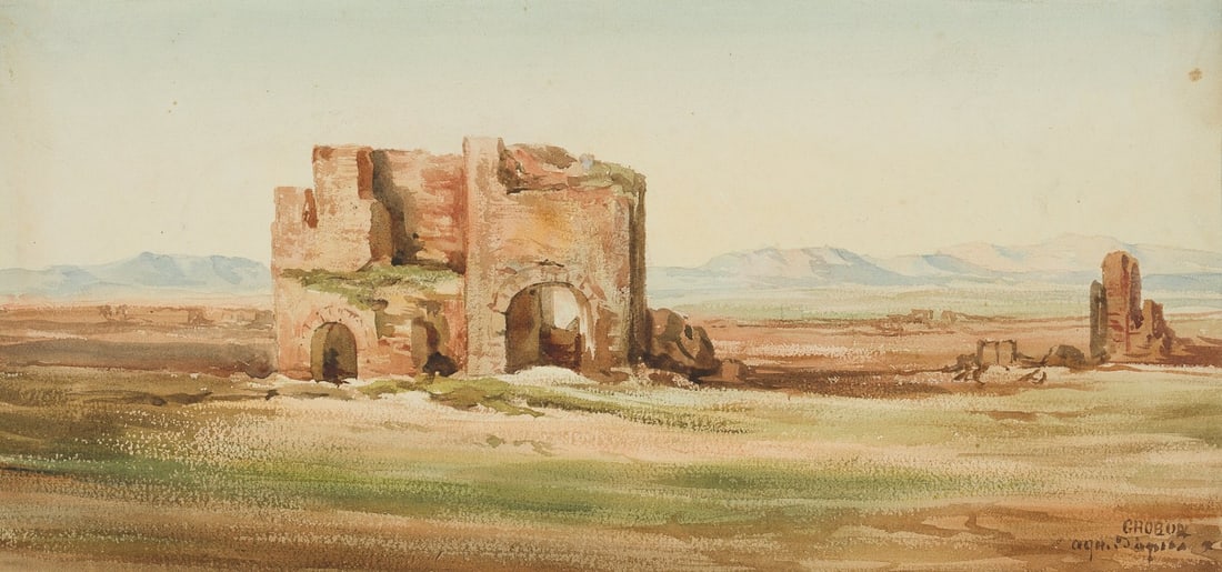 GROBON (19th), Ruins in the Campagna Romana, around 1850, Watercolor: Grobon (19th century): Ruins on the Via Appia in the Campagna Romana, c. 1850, Watercolor Technique: Watercolor on Paper Inscription: Lower right signed: "Grobon". Date: c. 1850 Description: The two r