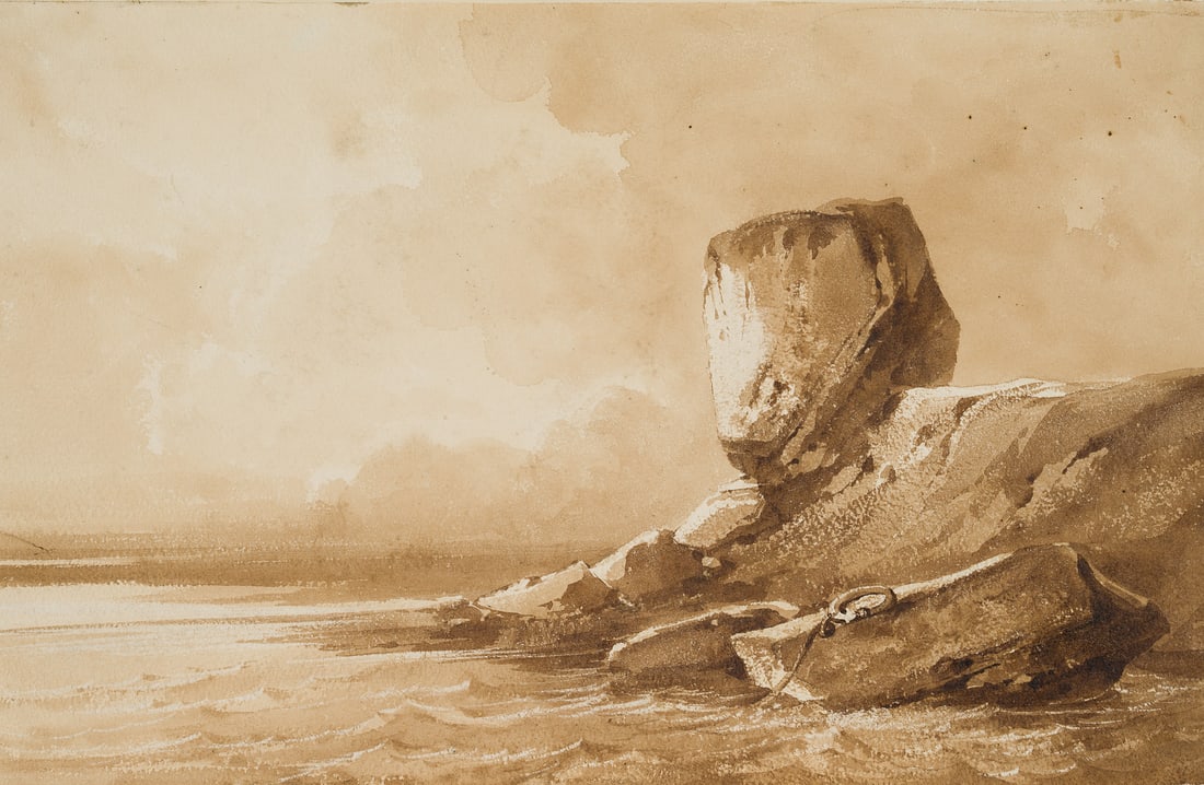 T. GUDIN (1802-1880), Anchorage by the rock, Brush drawing: Théodore (Baron) Gudin (1802 Paris - 1880 Boulogne-sur-Seine): Anchorage on the rocks by the sea, 19th century, Brush drawing Technique: Brush drawing on Paper Inscription: Verso inscribed by ano
