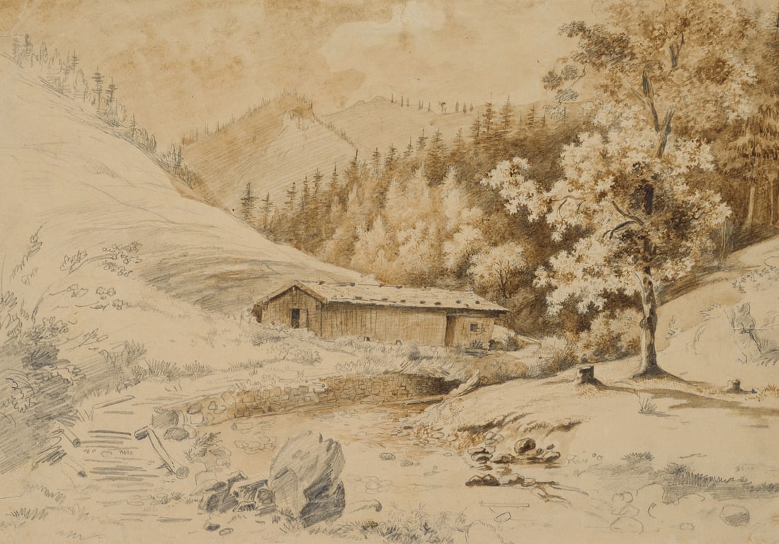 J. HEINEL (1800-1843), Bavarian landscape, Pencil: Johann Philipp Heinel (1800 Bayreuth - 1843 Munich): Bavarian landscape, 19th century, Pencil Technique: Pencil and Indian ink on Paper Date: 19th century Description: Inscribed on the old support: "J