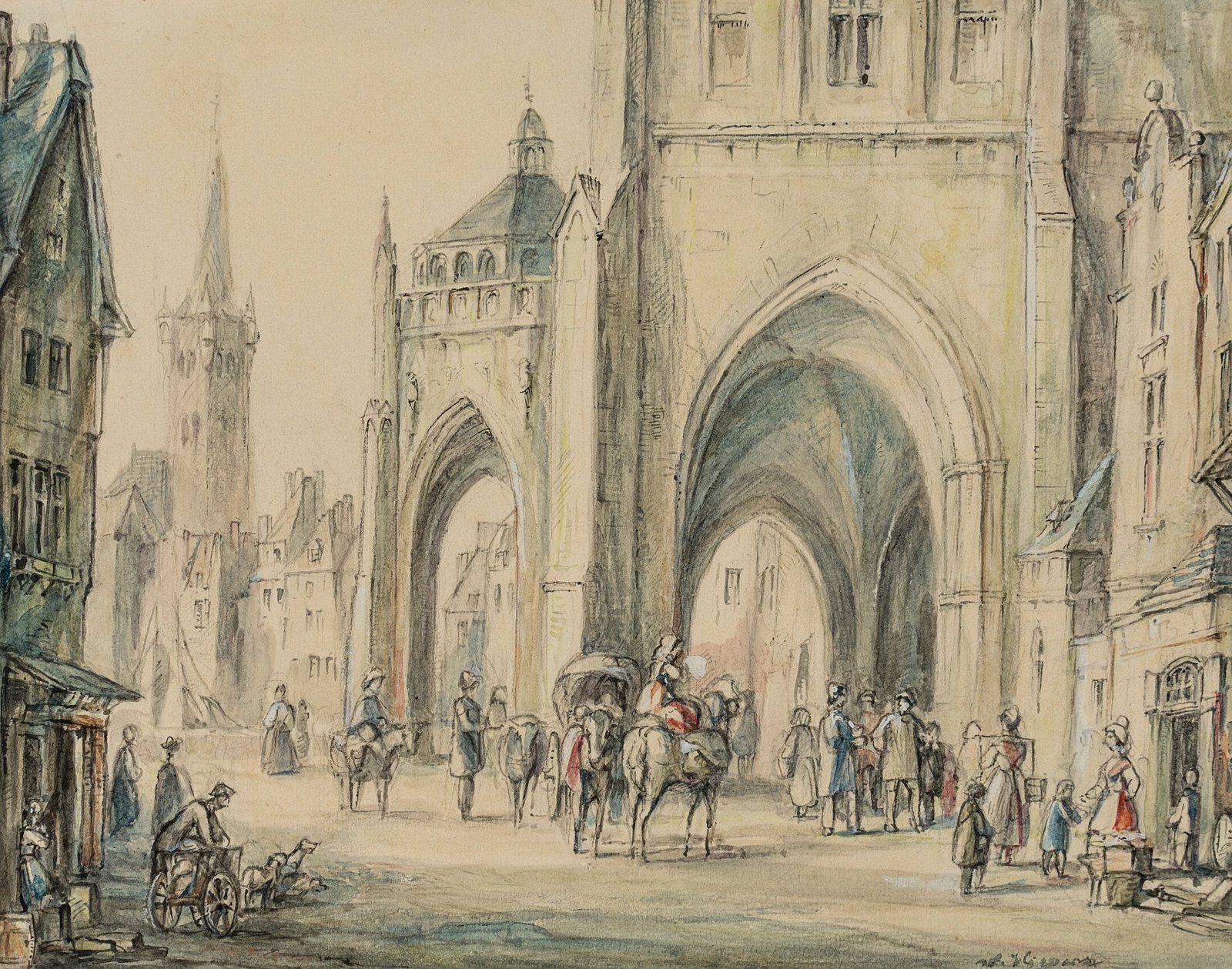 W. HERMANN (1807-1878), In front of a cathedral, Watercolor: Woldemar Hermann (1807 Dresden - 1878 ibid.): Lively activity in front of a cathedral in urban landscape, 19th century, Watercolor Technique: Watercolor over Pencil on Paper Inscription: Lower right s
