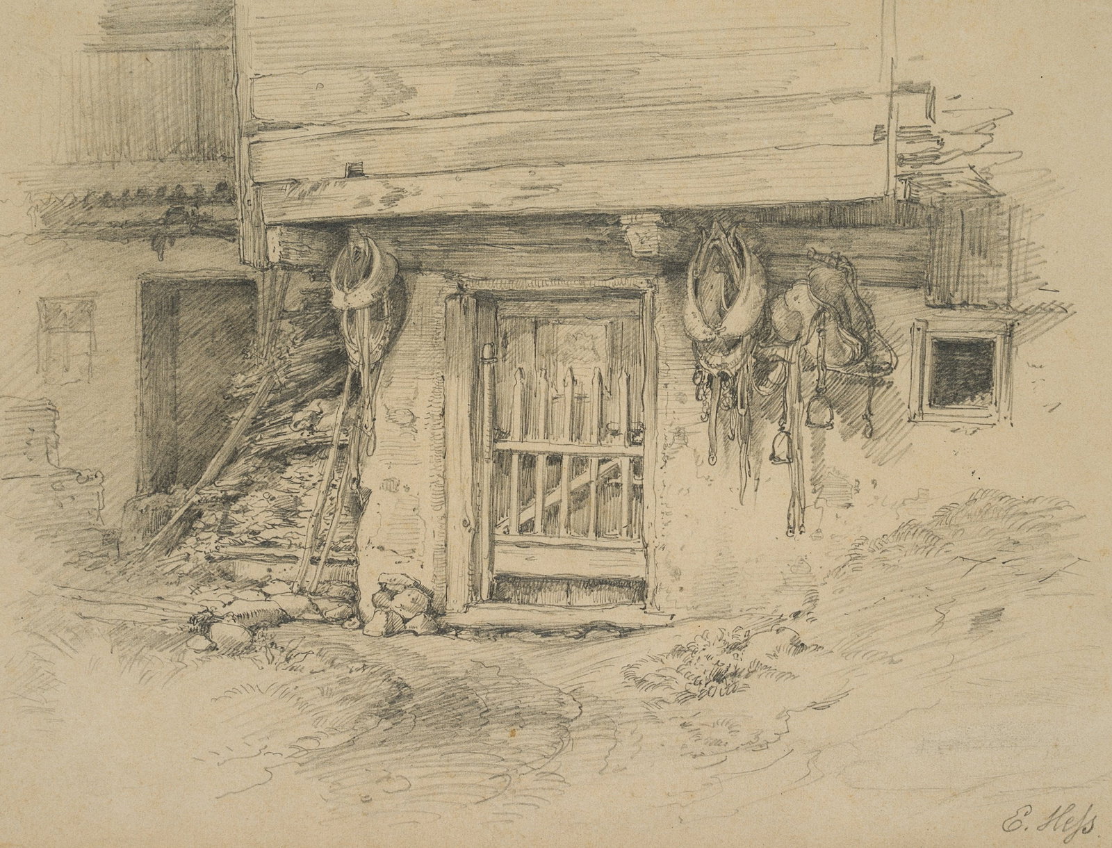 E. HESS (1824-1862), At the stables, Pencil (1 of 4)