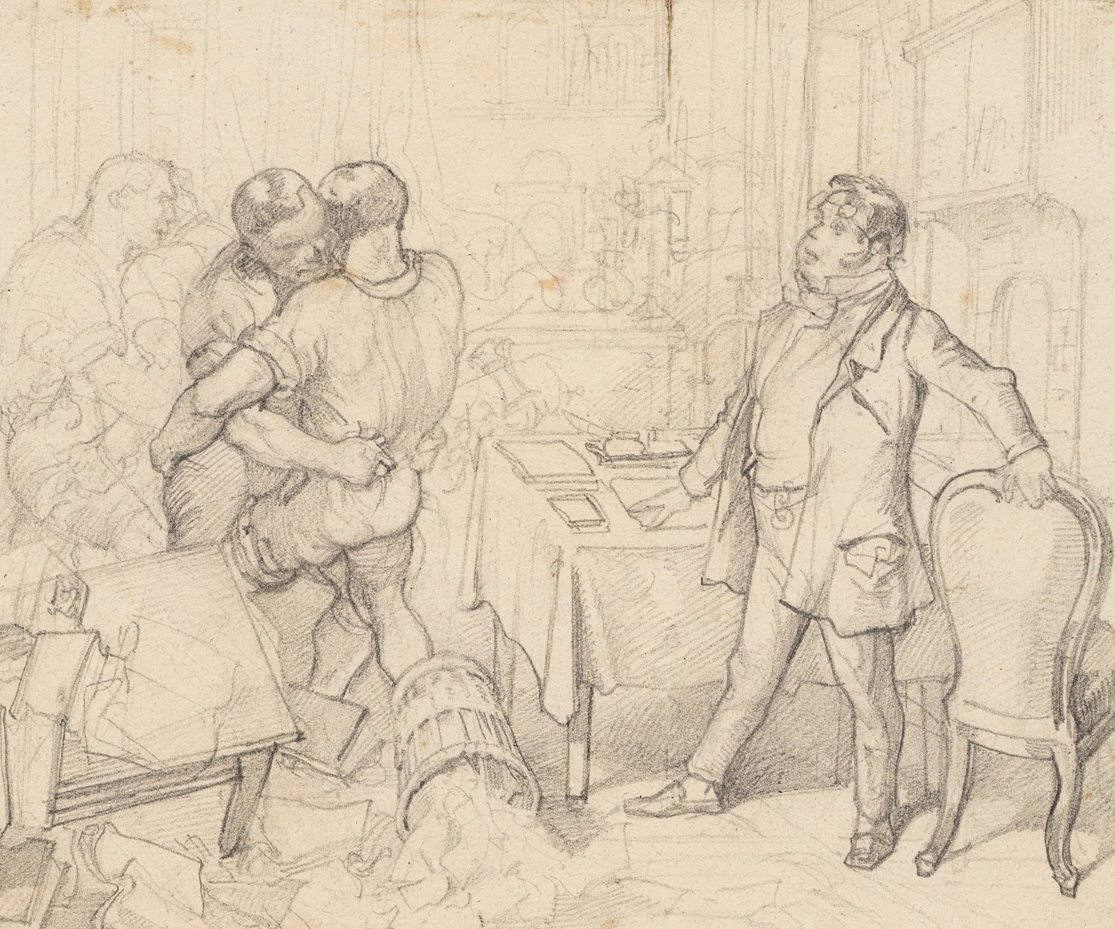 H. HESS (1799-1850) attributed, A row in the office, around 1830, Pencil: Hieronymus Hess (1799 Basel - 1850 ibid.) attributed: Battle in the writing room Conflict-laden scene with characters in an intellectual environment, c. 1830, Pencil Technique: Pencil on Paper, mounte