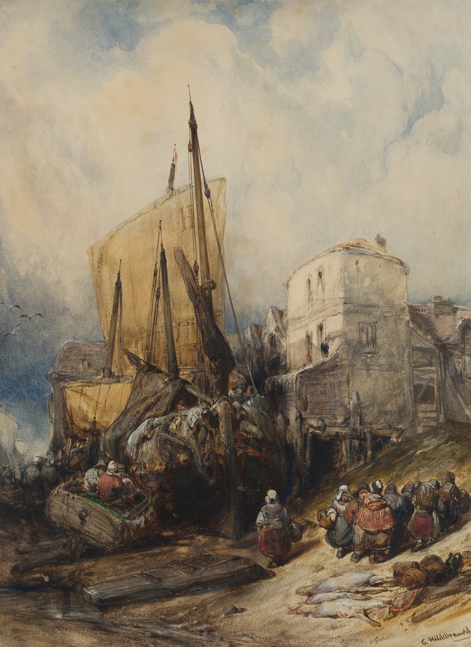 E. HILDEBRANDT (*1817), Workers unloading the cargo, Watercolor: Eduard Hildebrandt (1817 Gdansk - 1868 Berlin): Workers at the harbour unloading cargo Harbour with low tide, 19th century, Watercolor Technique: Watercolor on Paper Inscription: Lower right signed: "