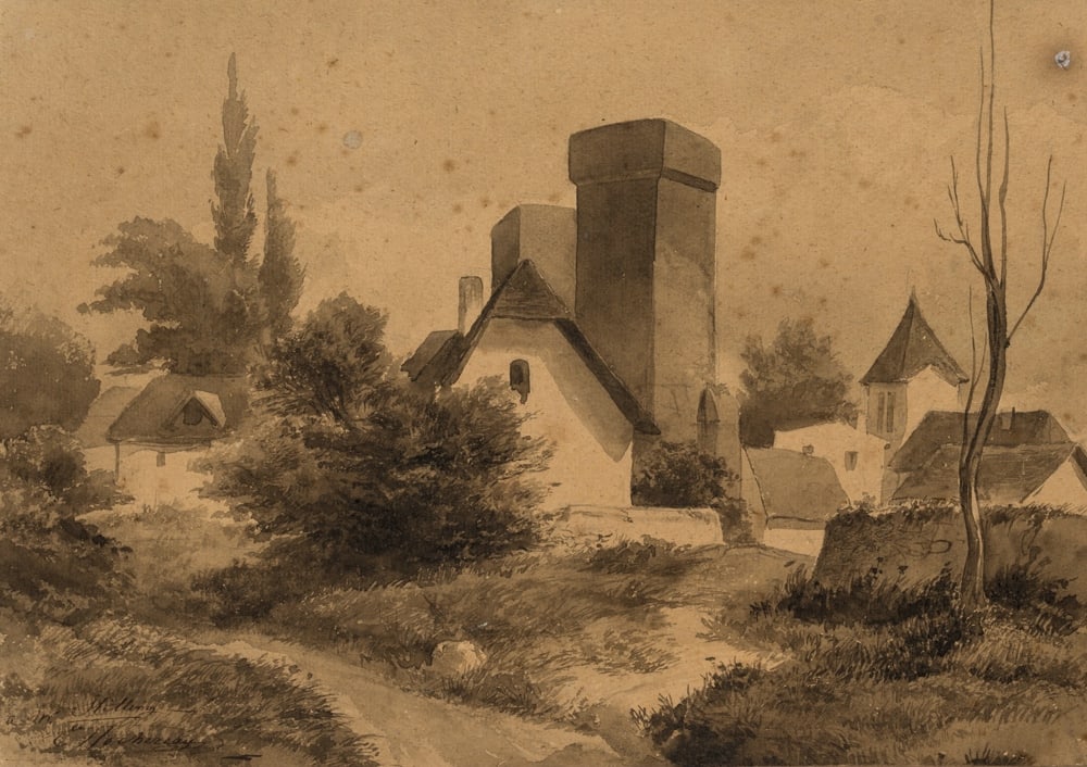 É. HOCHEREAU (*1828), Village architecture, Brush drawing: Émile Hochereau (born 1828 Mézières-en-Drouais): with dedication to the Danish architect Harald STILLING (1815 Hörsholm - 1891 Copenhagen), village architecture, 19th century, Brus