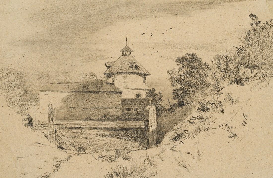 C. HOGUET (1821-1870), Fortress with a tower, Pencil: Charles Hoguet (1821 Berlin - 1870 ibid.): Waiting room with tower in a landscape, 19th century, Pencil Technique: Pencil on Paper, mounted on Paper Inscription: Inscribed on the support: "C Hoguet". 