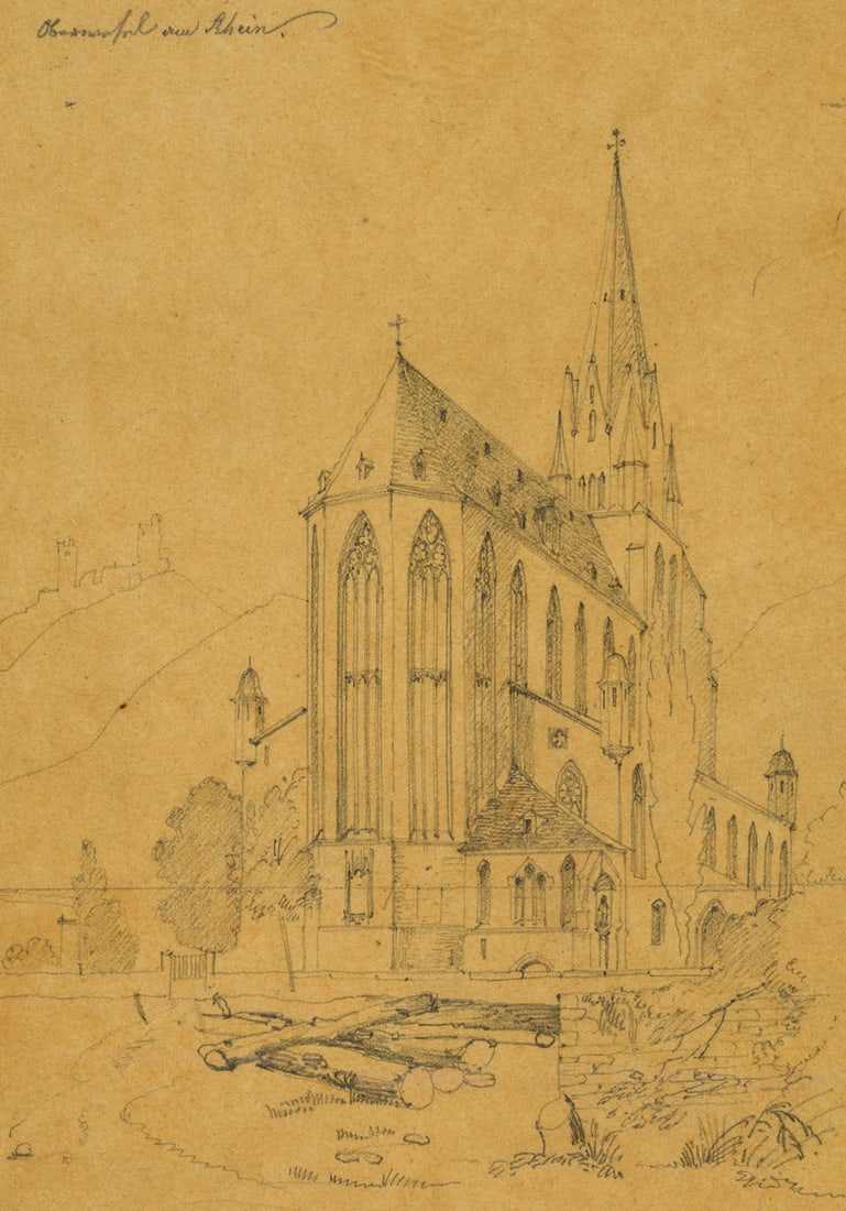 F. JODL (1805-1882), Church of Our Lady in Oberwesel, Pencil: Ferdinand Jodl (1805 Munich - 1882 ibid.): View of the Liebfrauenkirche church in Oberwesel, 19th century, Pencil Technique: Pencil on Paper Date: 19th century Description: View of the Gothic basilica