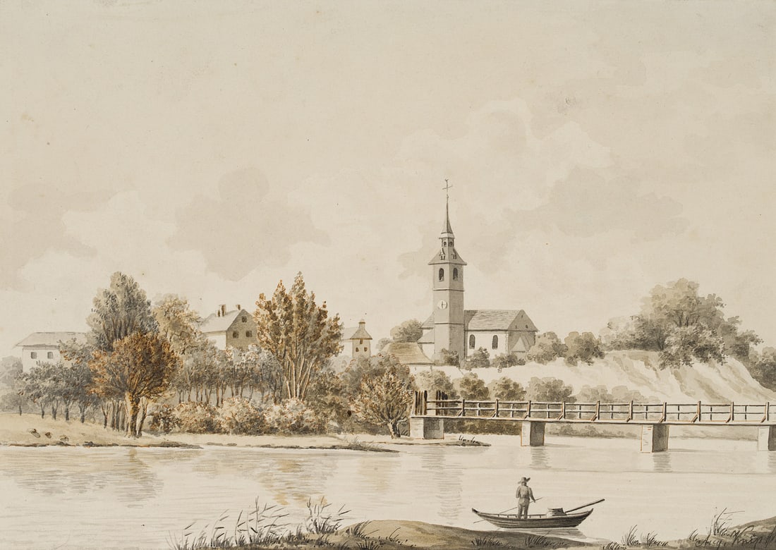 A. KNIP (1819-1859), Kohlscheid on the River Wurm, around 1840, Brush drawing: August Knip (1819 Amsterdam - around 1859 ): Kohlscheid on the Wurm Church and footbridge over the river, c. 1840, Brush drawing Technique: Watercolored Brush drawing on Paper Inscription: Lower right