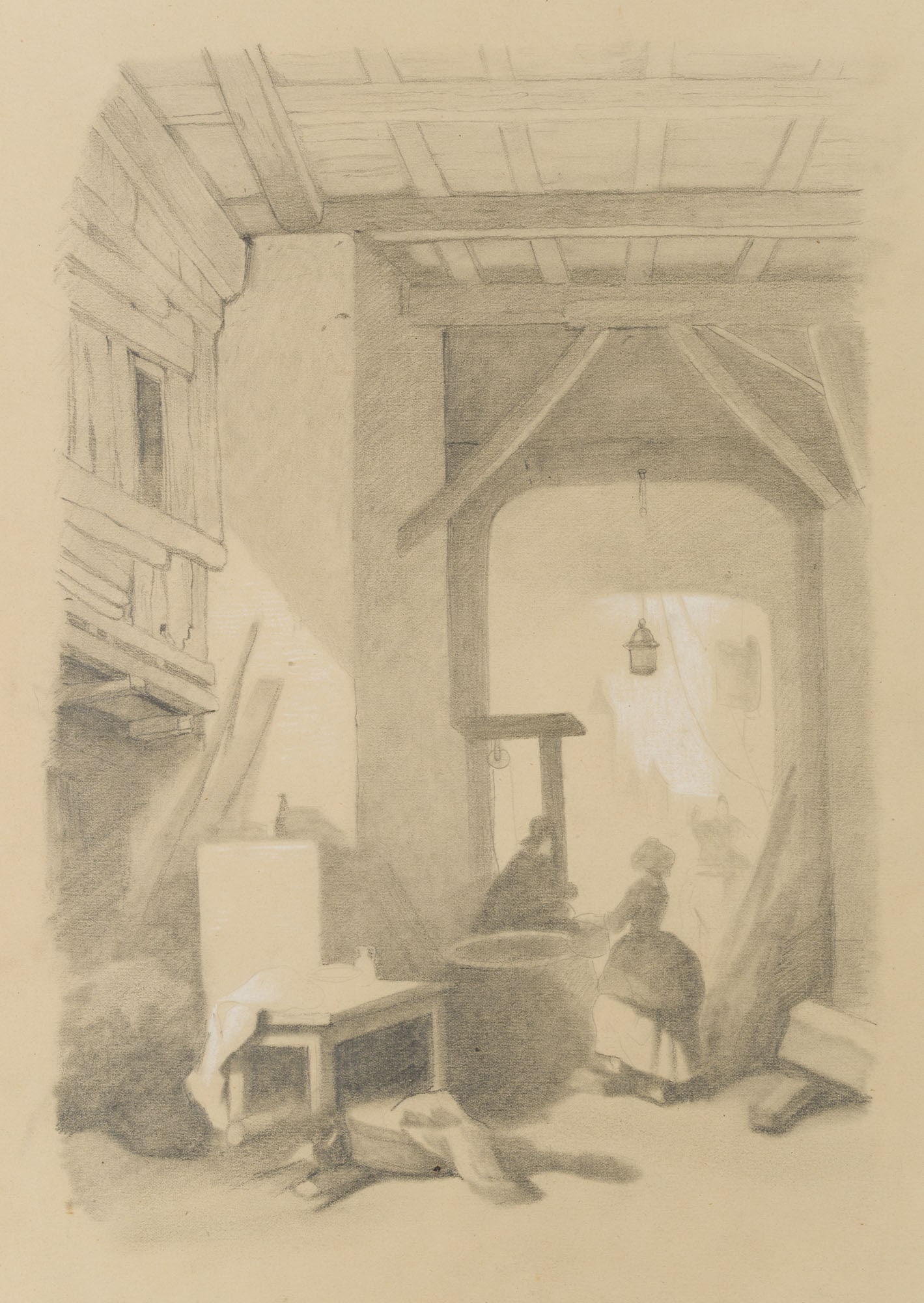 A. KOPECK? (*1835), The interior of a launderette, Pencil: Alois Kopecký (born 1835 Telc): The interior of a launderette, 19th century, Pencil Technique: White heightened Pencil on Paper Stamp: Collector's stamp, Georg und Dr. F. Wilhelm Denzel. Munich. 20th