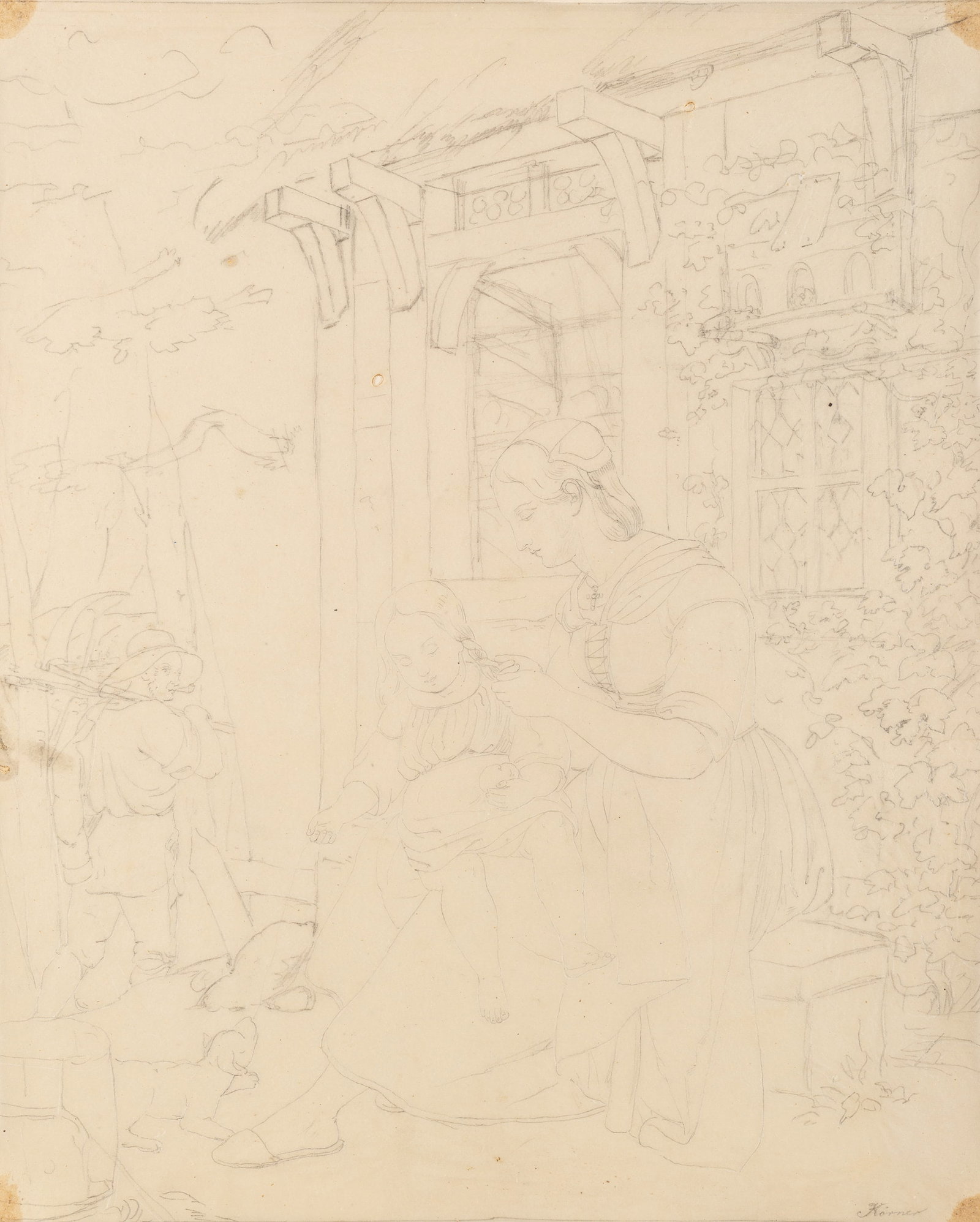 A. KÖRNER (1815-1850), A domestic scene with children, around 1840, Pencil: Alexander Körner (1815 - around 1850 ): Domestic scene with children Idyllic drawing of a woman with children in a rural setting, c. 1840, Pencil Technique: Pencil on Transparent paper Inscriptio