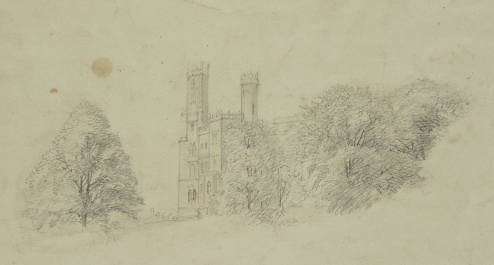 C. KRÜGER (1812-1880), Babelsberg Palace near Potsdam, Pencil: Carl Johann Heinrich Krüger (1812 Salzwedel - 1880 Arendsee): Babelsberg Palace in the park near Potsdam, 19th century, Pencil Technique: Pencil on Paper (green) Date: 19th century Description: A