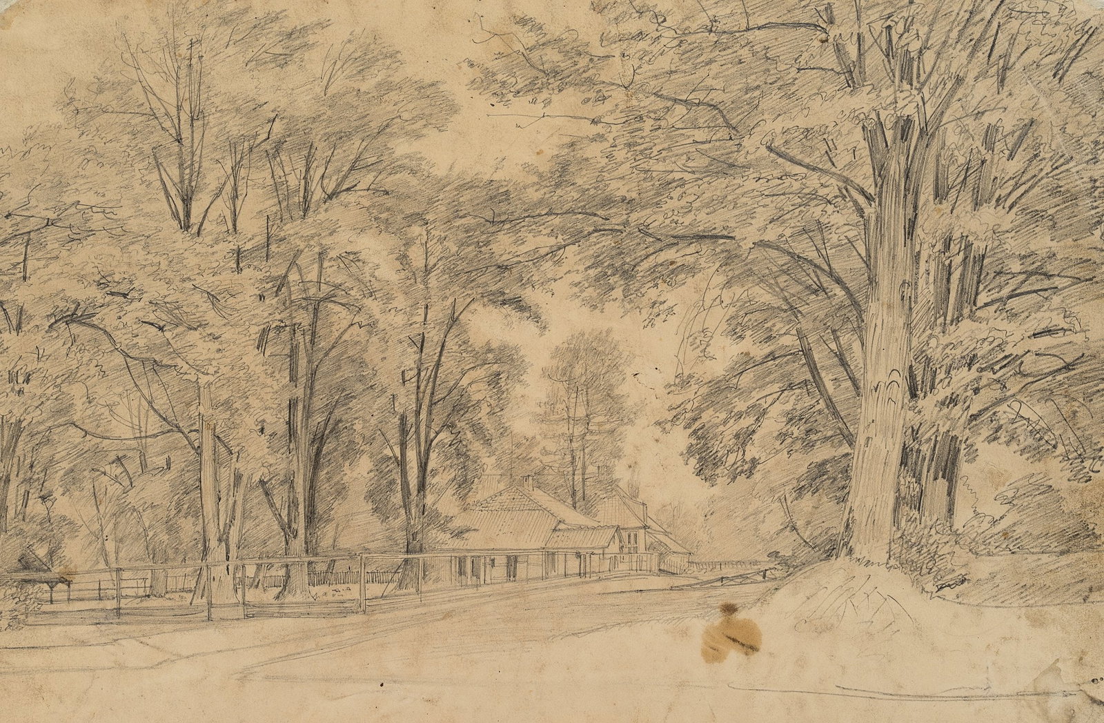 C. KRÜGER (1812-1880), Housing estate by the woods, Pencil: Carl Johann Heinrich Krüger (1812 Salzwedel - 1880 Arendsee): Settlement on the edge of the forest, Low houses on the edge of the forest, 19th century, Pencil Technique: Pencil on Paper Date: 19t