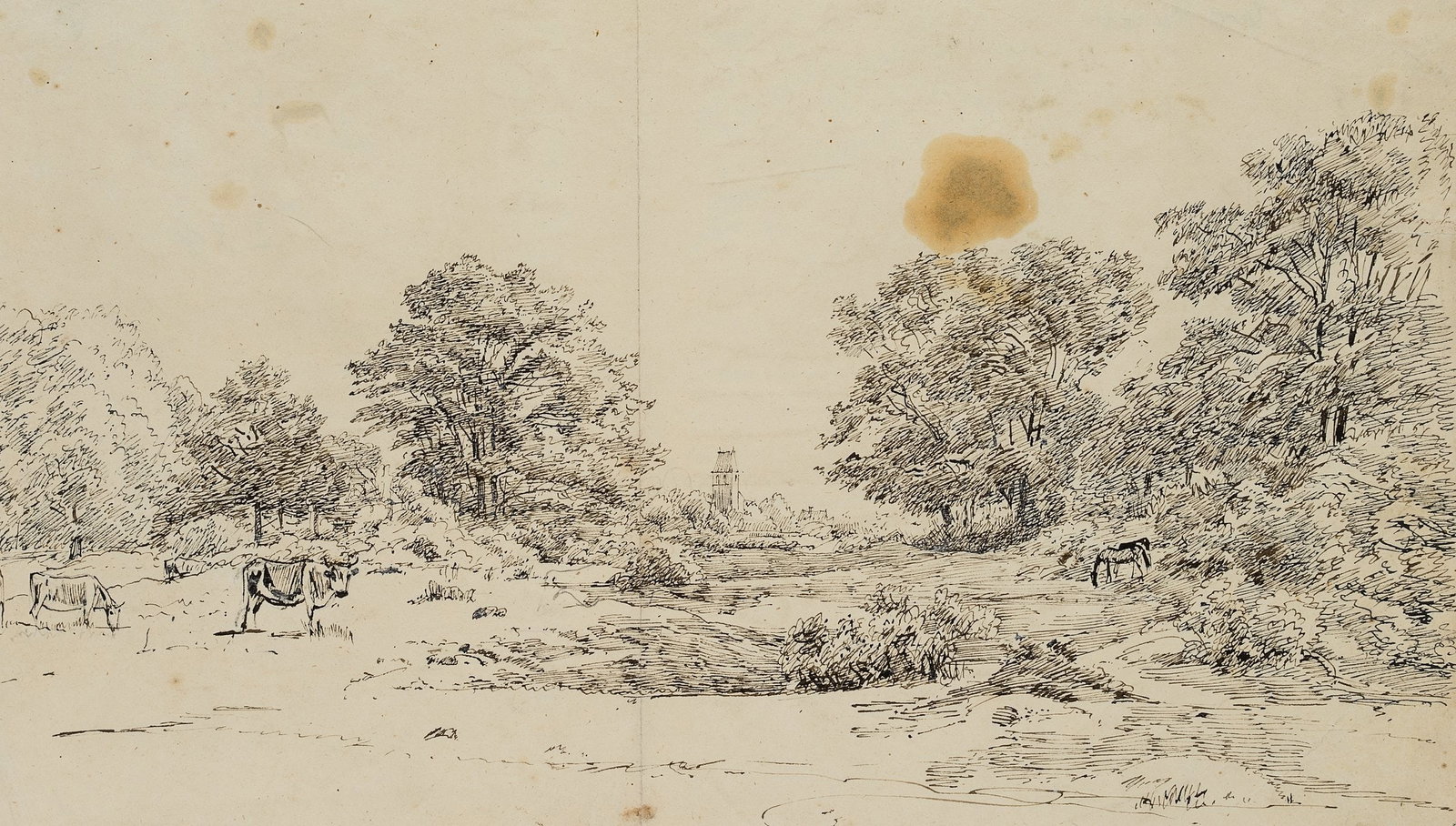 C. KRÜGER (1812-1880), Unmanaged pastureland near a town, Pen drawing: Carl Johann Heinrich Krüger (1812 Salzwedel - 1880 Arendsee): Wild paddock with horse and cattle near a town, 19th century, Pen drawing Technique: Pen drawing on Paper Date: 19th century Descript