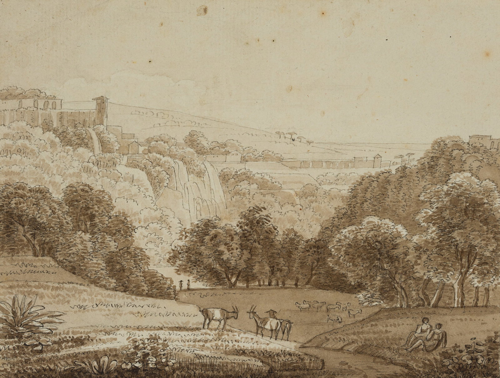 E. LIPOWSKY (1828-1910), Neoclassical landscape, 1842, Indian ink: Ernestine von Lipowsky (1828 - 1910 ibid.): Classicist landscape with meadows, cattle and resting shepherds, 1842, Indian ink Technique: Washed Indian ink on Paper Inscription: Verso inscribed by anot