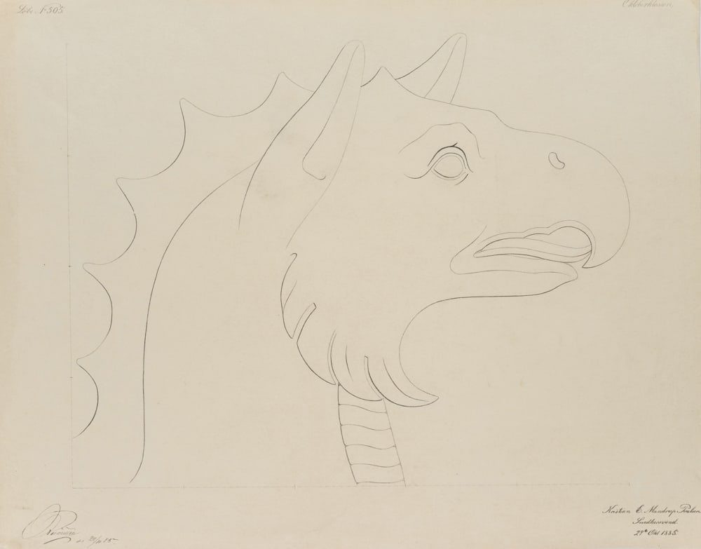 C. MANDRUP-POULSEN (*1865), Design of a dragon boat, Pen drawing (1 of 4)