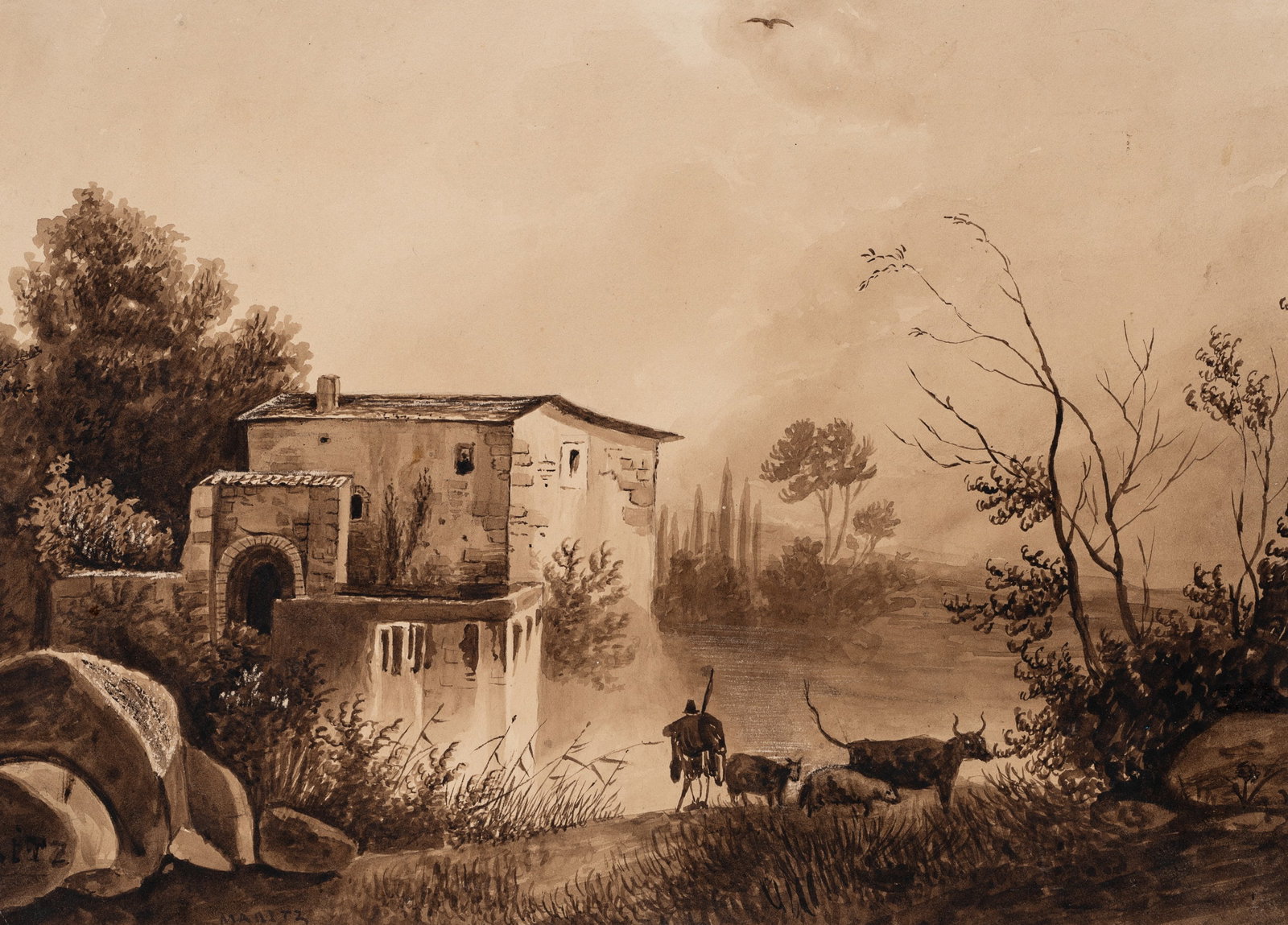 A. MARITZ (1805-1805), Mill by the river, 1830, Brush drawing: Anna Louise Jeannette Maritz (1805 - 1805 ibid.): Mill by the river with shepherd, 1830, Brush drawing Technique: Brush drawing on Paper, mounted on Paper Inscription: lower left signed: "[...]RITZ / 