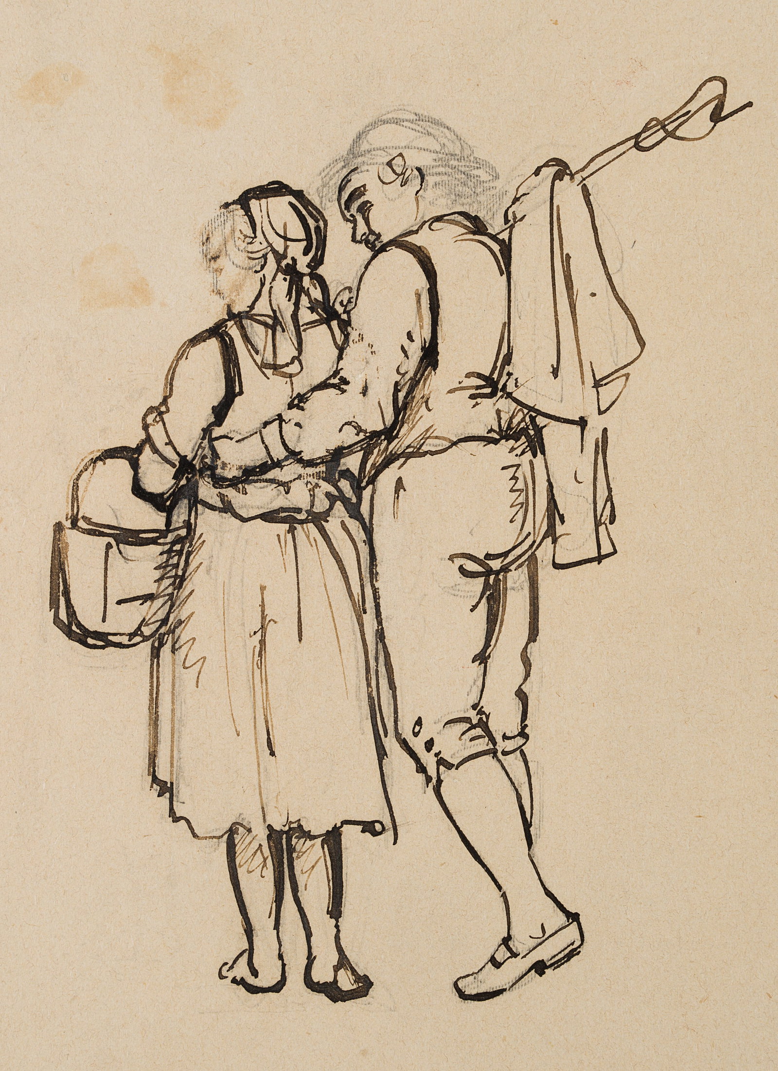 J. MEYER (1813-1886), A young farming couple, Pen drawing: Johann Georg Meyer (1813 Bremen - 1886 Berlin): Young peasant couple, arm in arm on their way home, 19th century, Pen drawing Technique: Pen drawing over Pencil on Paper Stamp: Verso Collector's stamp