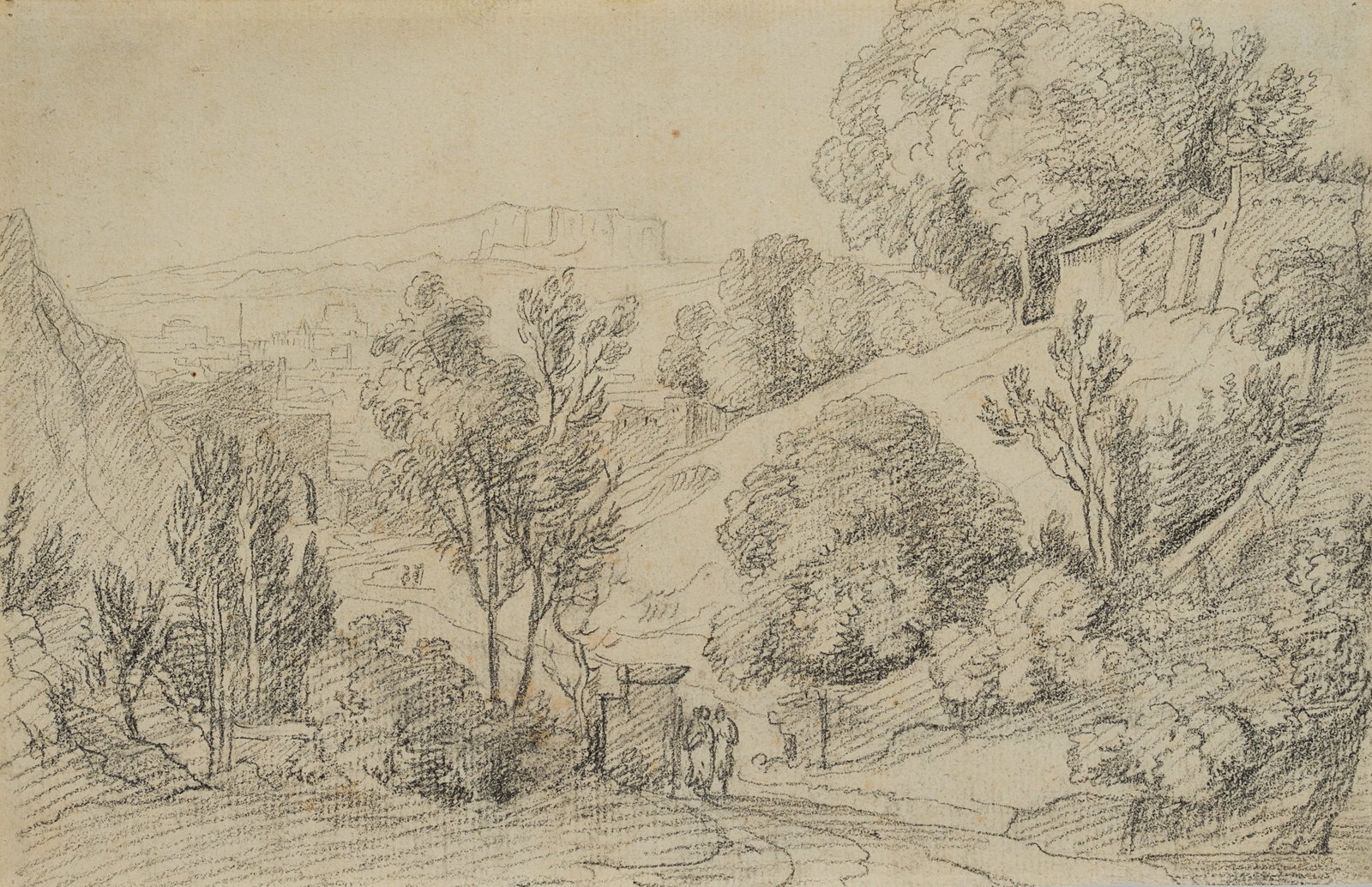 J. MIVILLE (1786-1836), Southern landscape with a country road, around 1810, Pencil: Jakob Christoph Miville (1786 - 1836 ): Classical southern landscape with walkers on a country road leading to a town in the distance, c. 1810, Pencil Technique: Pencil on Paper Inscription: Verso ins