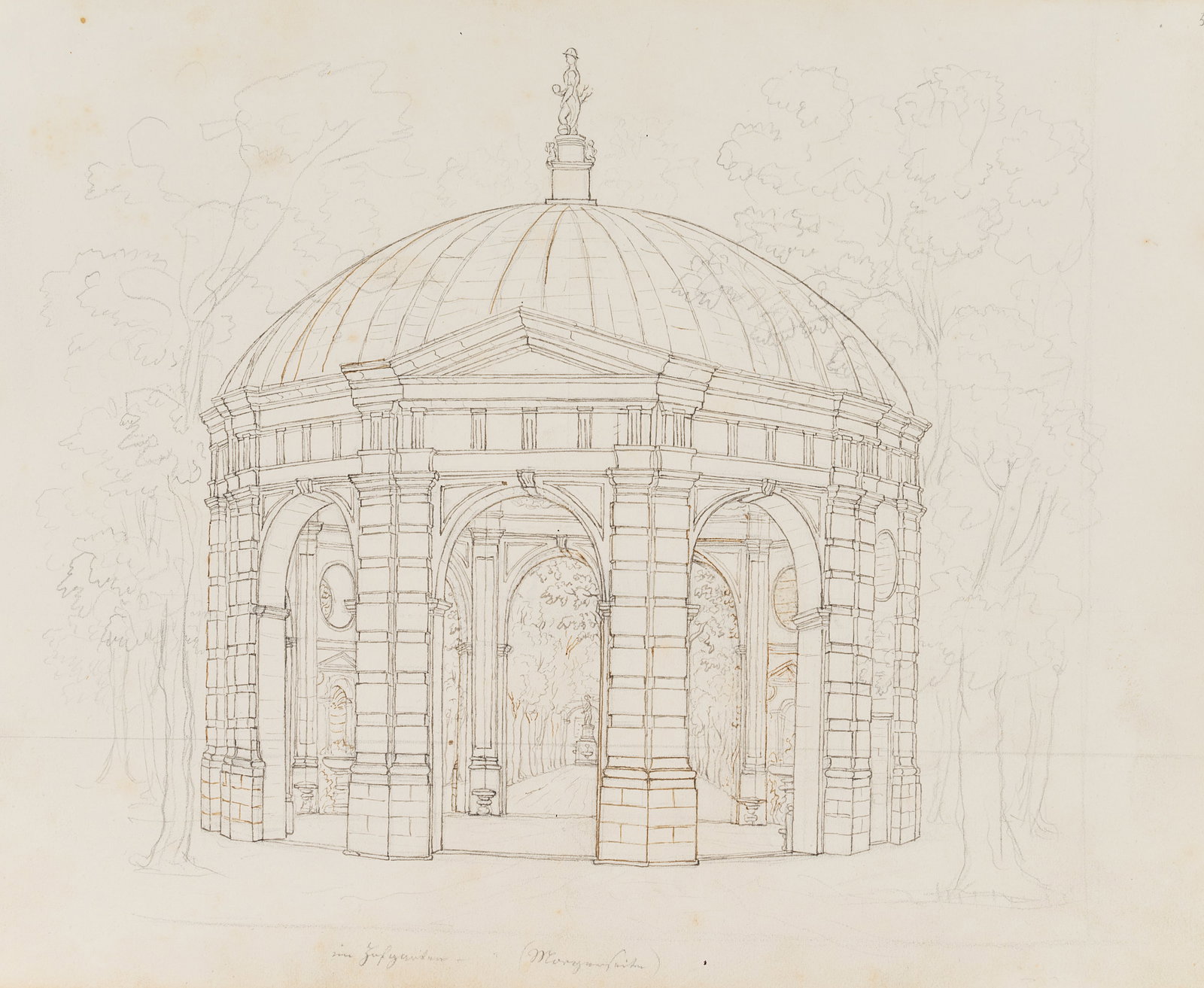 H. MÜLLER (1819-1890) attributed, Temple of Diana in Munich, Pen drawing: Heinrich Müller (1819 Oberneuland - 1890 Bremen) attributed: Diana Temple in Munich, Hofgarten, 19th century, Pen drawing Technique: Pen drawing over Pencil on Paper Inscription: At the lower par