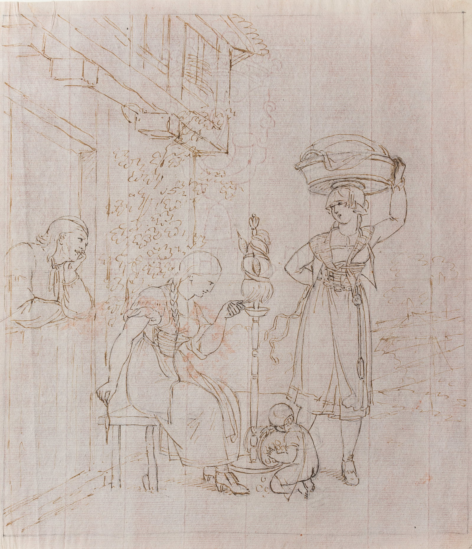 F. NADORP (1794-1876) attributed, Women spinning, Indian ink (1 of 5)