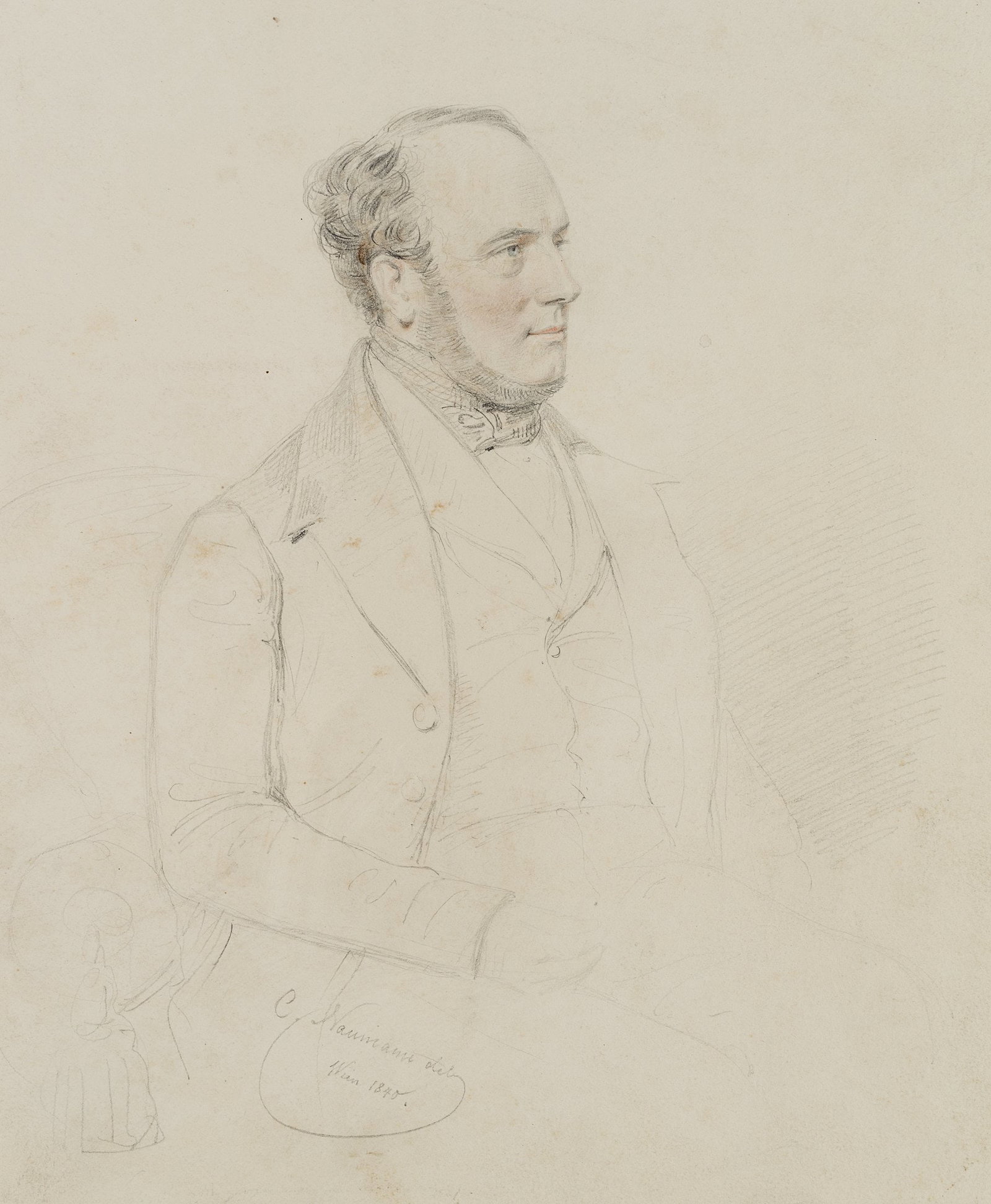 C. NAUMANN (1813-1859), Seated portrait of a man, 1840, Pencil: Carl Friedrich Naumann (1813 - 1859 ): Seated portrait of a man, 1840, Pencil Technique: Watercolored Pencil on Paper Inscription: At the lower part signed: "C. Naumann del". At the lower part dated: 