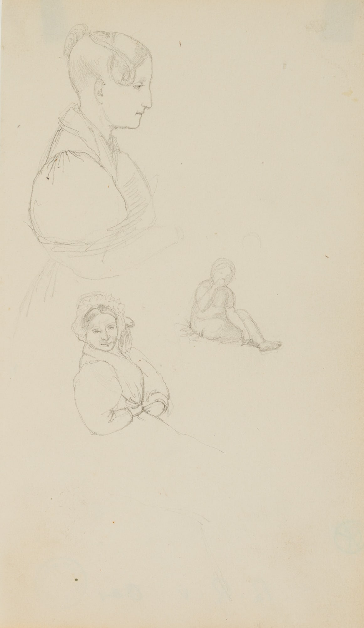 T. OER (1807-1885), Figure studies. Women in traditional dress, Pencil: Theobald Reinhold Anton Freiherr von Oer (1807 Nottbeck - 1885 Coswig): Female figure studies Women in traditional costumes with braided hairstyle, bonnet and sitting full figure, 19th century, Pencil