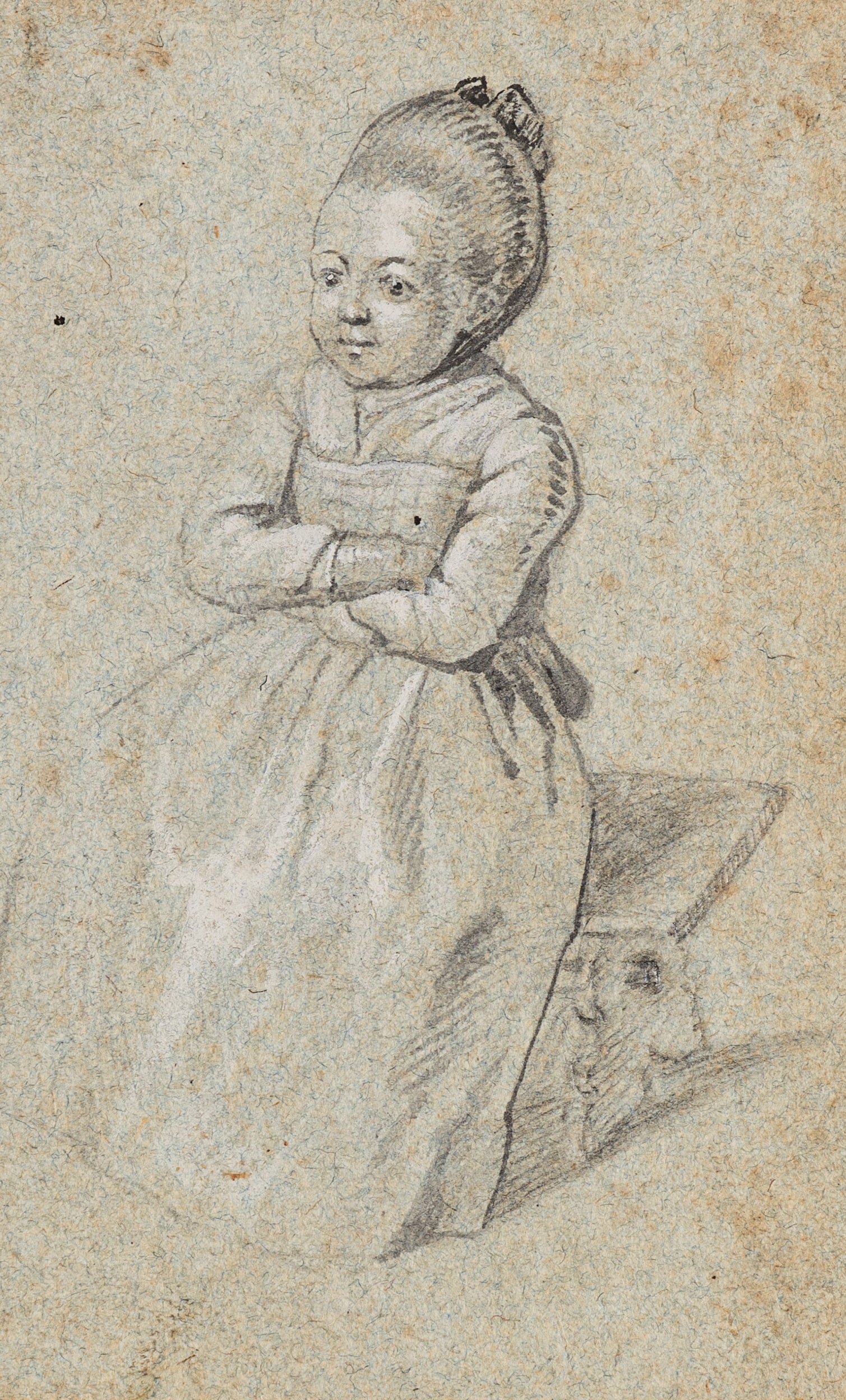 H. PFENNINGER (*1749) attributed, Portrait of a child, around 1800, Pencil: Heinrich Pfenninger (1749 Zurich - 1815 ) attributed: Portrait of a child Portrait of a child in historical clothing on a stool, c. 1800, Pencil Technique: White heightened Pencil and Pen drawing on P