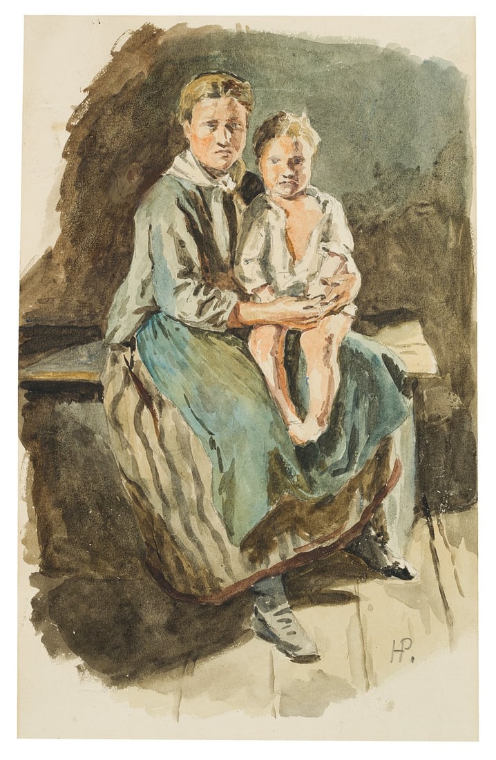 H. PHILIPS (1844-1927), Woman with a boy on her lap, Watercolor: Hermann August Philips (1844 Aachen - 1927 Munich): Genre painting, woman sitting in a kitchen with a boy on her lap, 19th century, Watercolor Technique: Watercolor on Paper Stamp: Collector's stamp, 