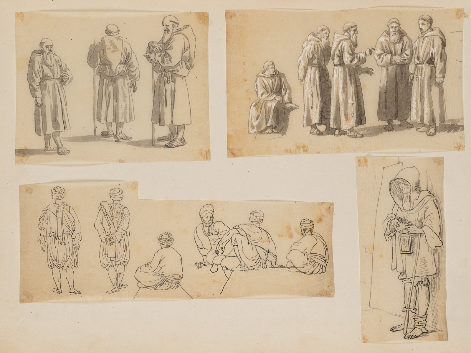 B. PINELLI (1781-1835) Circle, Figure studies. Monks. Oriental figures, Indian ink: Bartolomeo Pinelli (1781 Rom - 1835 ibid.) Circle: Figure studies of monks in habits, Orientals, medieval lansquenets, 19th century, Indian ink Technique: White heightened Indian ink on Transparent pa