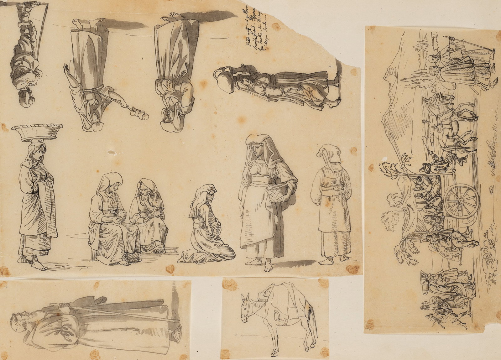 B. PINELLI (1781-1835) Circle, Figure study. Italian peasants, Indian ink: Bartolomeo Pinelli (1781 Rom - 1835 ibid.) Circle: Figure studies Italian women in traditional costume, monk in habit, loaded donkey, country people travelling, 19th century, Indian ink Technique: Was