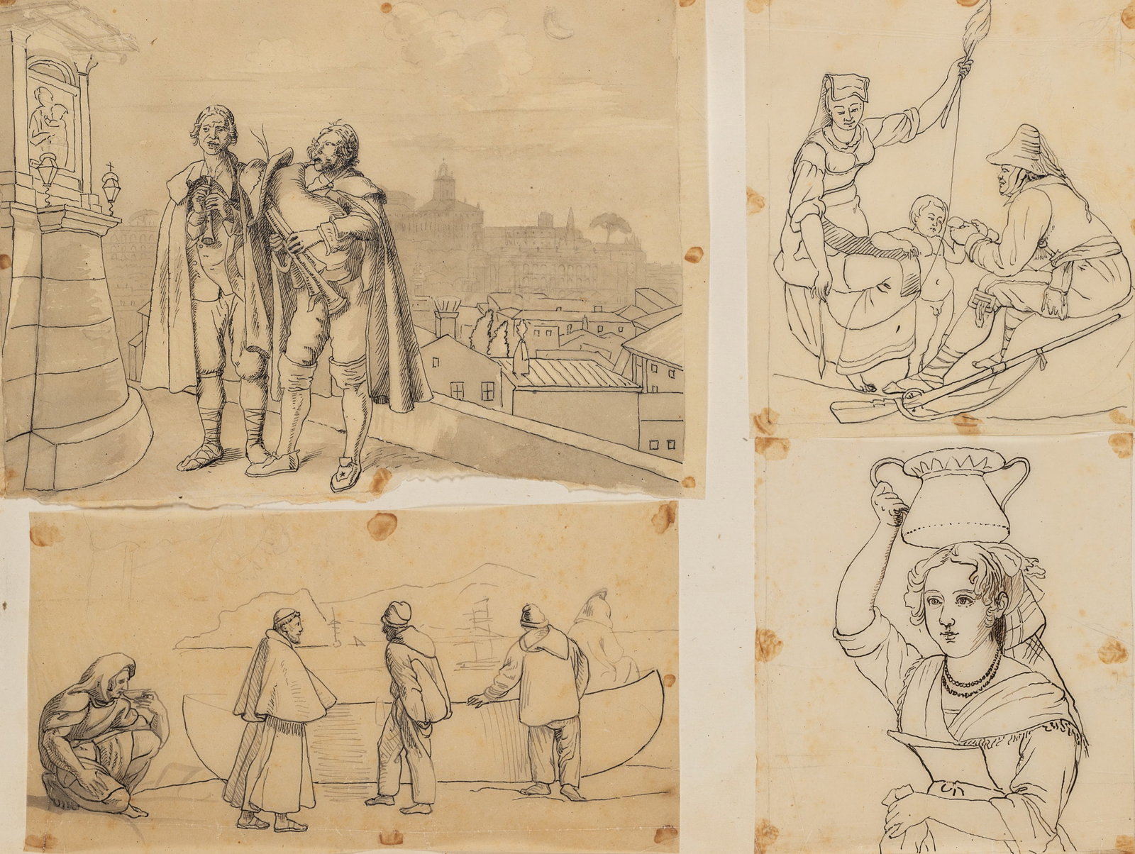 B. PINELLI (1781-1835) Circle, Italian figure scenes. Roman woman, musician, monk, Indian ink: Bartolomeo Pinelli (1781 Rom - 1835 ibid.) Circle: Figure scenes Flute and bagpipe playing in front of a statue of the Madonna, Roman women carrying water or with their families, monks and fishermen, 