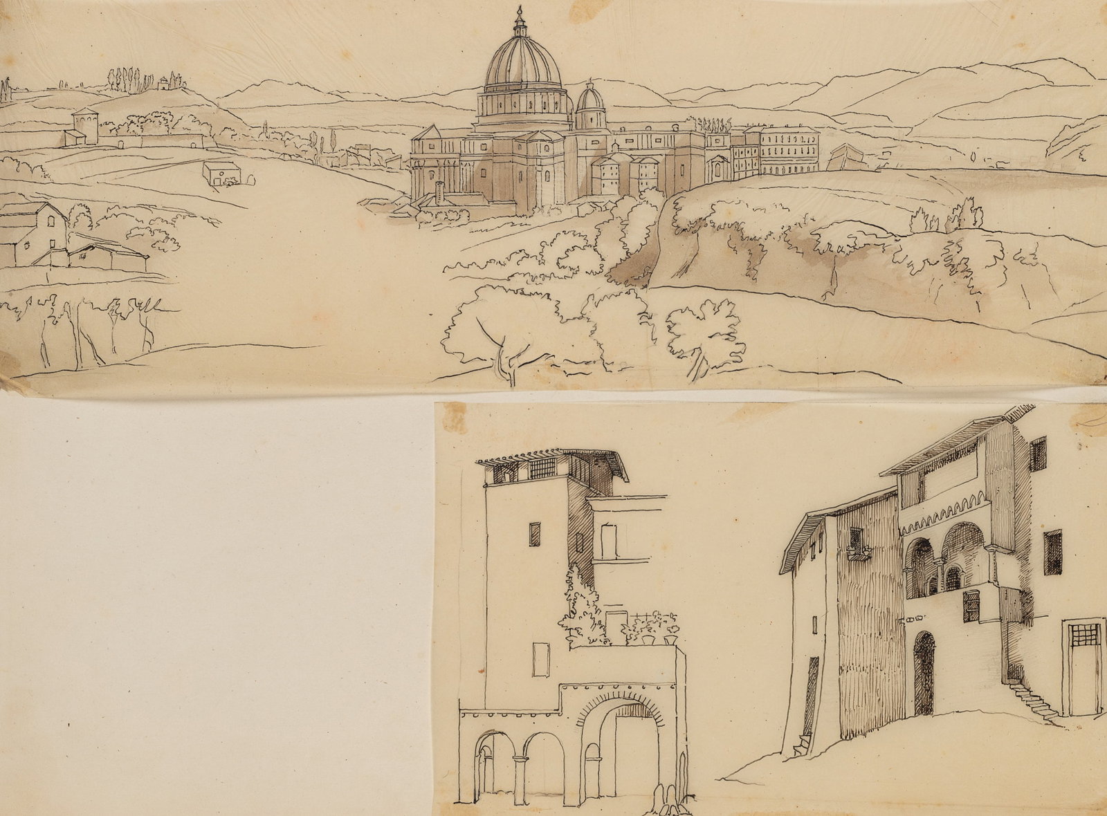 B. PINELLI (1781-1835) Circle, 2 Architectural studies. St Peter’s Basilica. Vatican. Townhouses, (1 of 5)