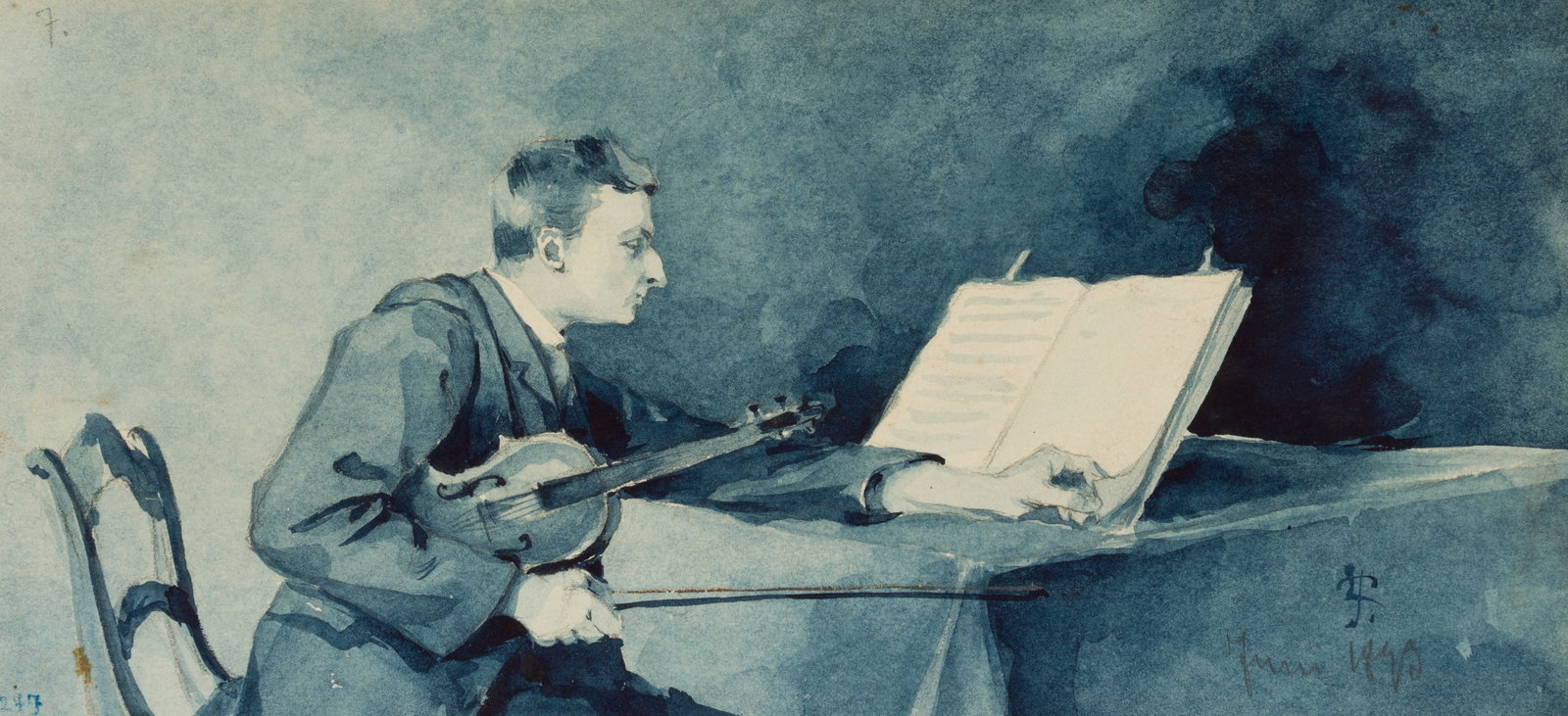 L. PRIMAVESI (*1871), A violinist practising from sheet music, 1899, Watercolor: Leo Primavesi (1871 Cologne - after 1937 ): The blue hour Violin player studying sheet music, 1899, Watercolor Technique: Watercolor on Paper Inscription: Lower right monogrammed: "LF". lower left num