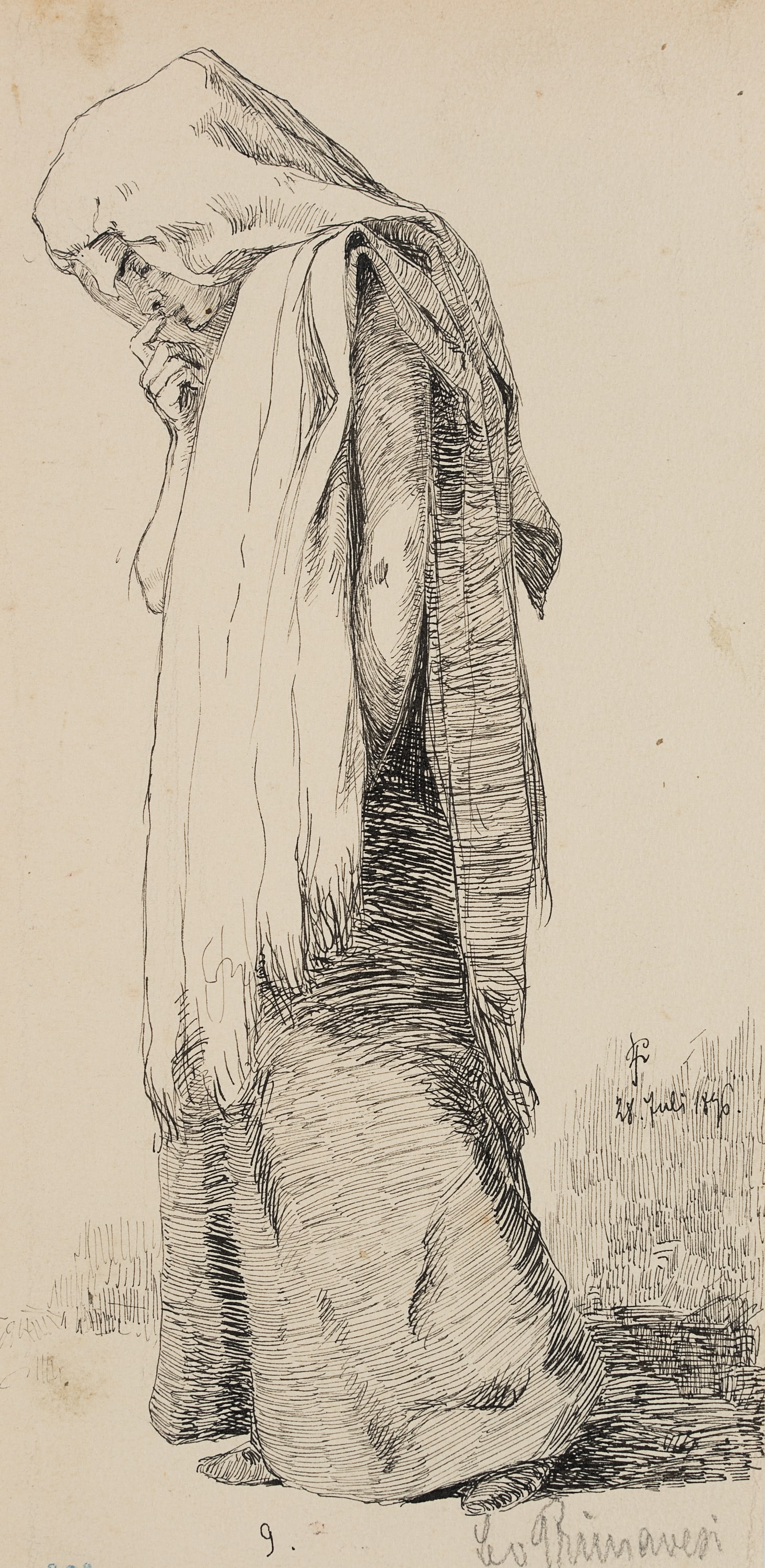 L. PRIMAVESI (*1871), A Neapolitan woman walking, 1896, Pen drawing: Leo Primavesi (1871 Cologne - after 1937 ): A Neapolitan woman walking, 1896, Pen drawing Technique: Pen drawing on Paper Inscription: Lower right signed: "Leo Primavesi". Lower right dated: "28. Juli