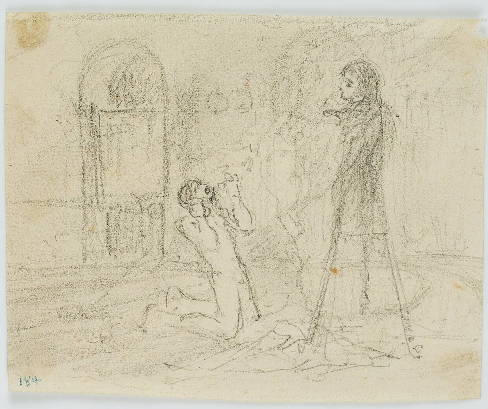 L. PRIMAVESI (*1871), By the artist Pein, around 1890, Pencil: Leo Primavesi (1871 Cologne - after 1937 ): Desperate artist in front of his artwork, c. 1890, Pencil Technique: Pencil on Paper Inscription: lower left numbered: "184". Date: c. 1890 Keywords: Stage;