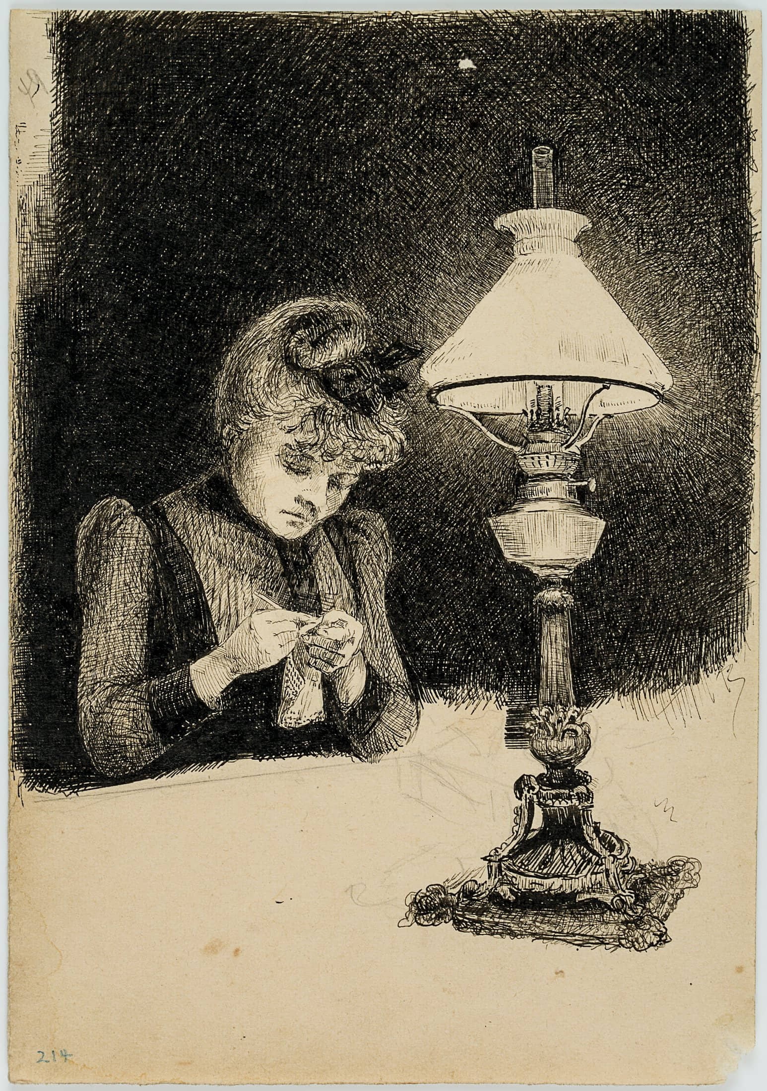 L. PRIMAVESI (*1871), Sewing in silence, around 1890, Pen drawing: Leo Primavesi (1871 Cologne - after 1937 ): Sewing in silence, c. 1890, Pen drawing Technique: Pen drawing on Paper Date: c. 1890 Keywords: woman; portrait; handwork; sewing; lamp; shine; night; silen